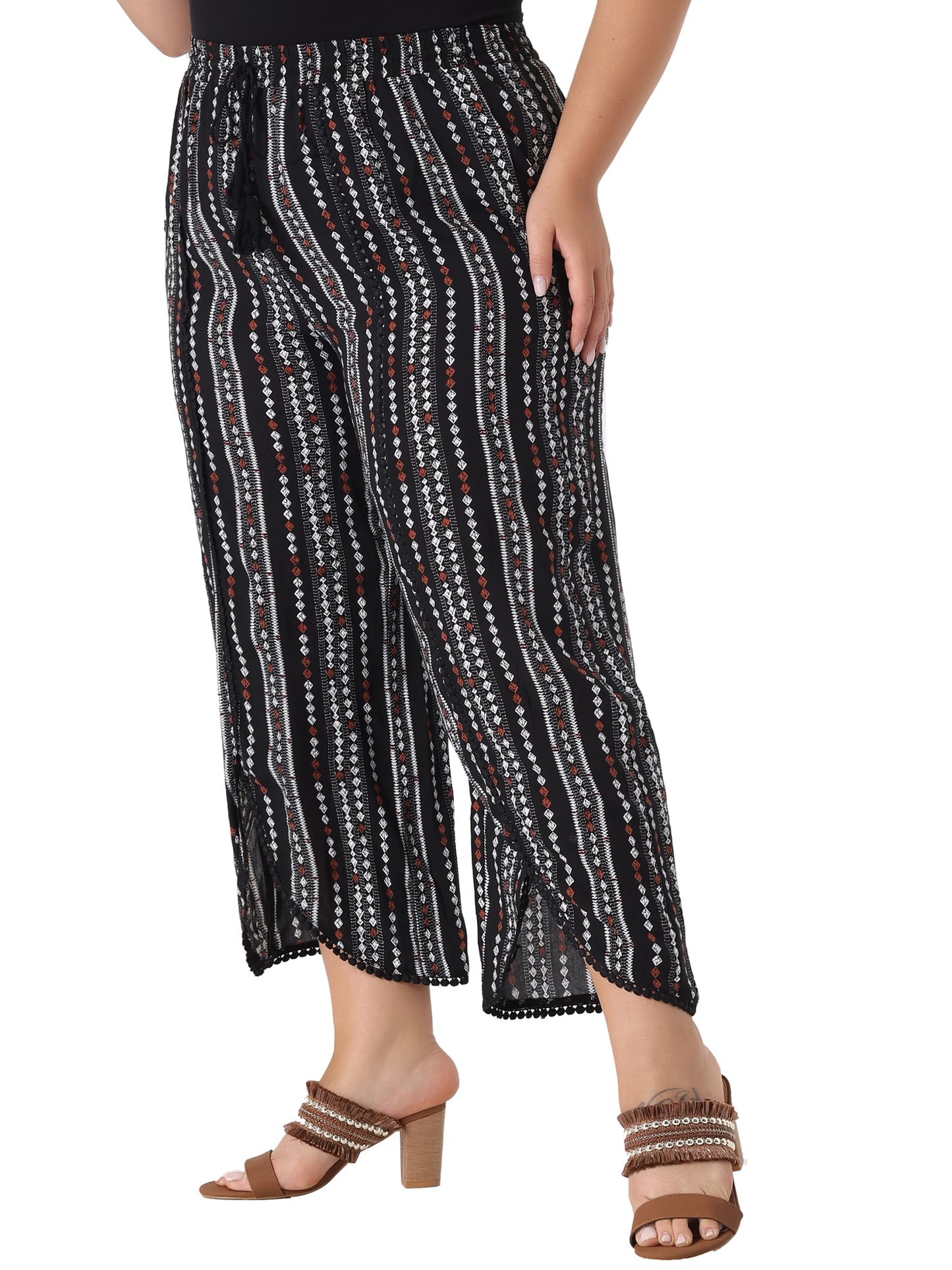 Women Plus Size Split Elastic Waist Flowy Striped Wide Leg Pants