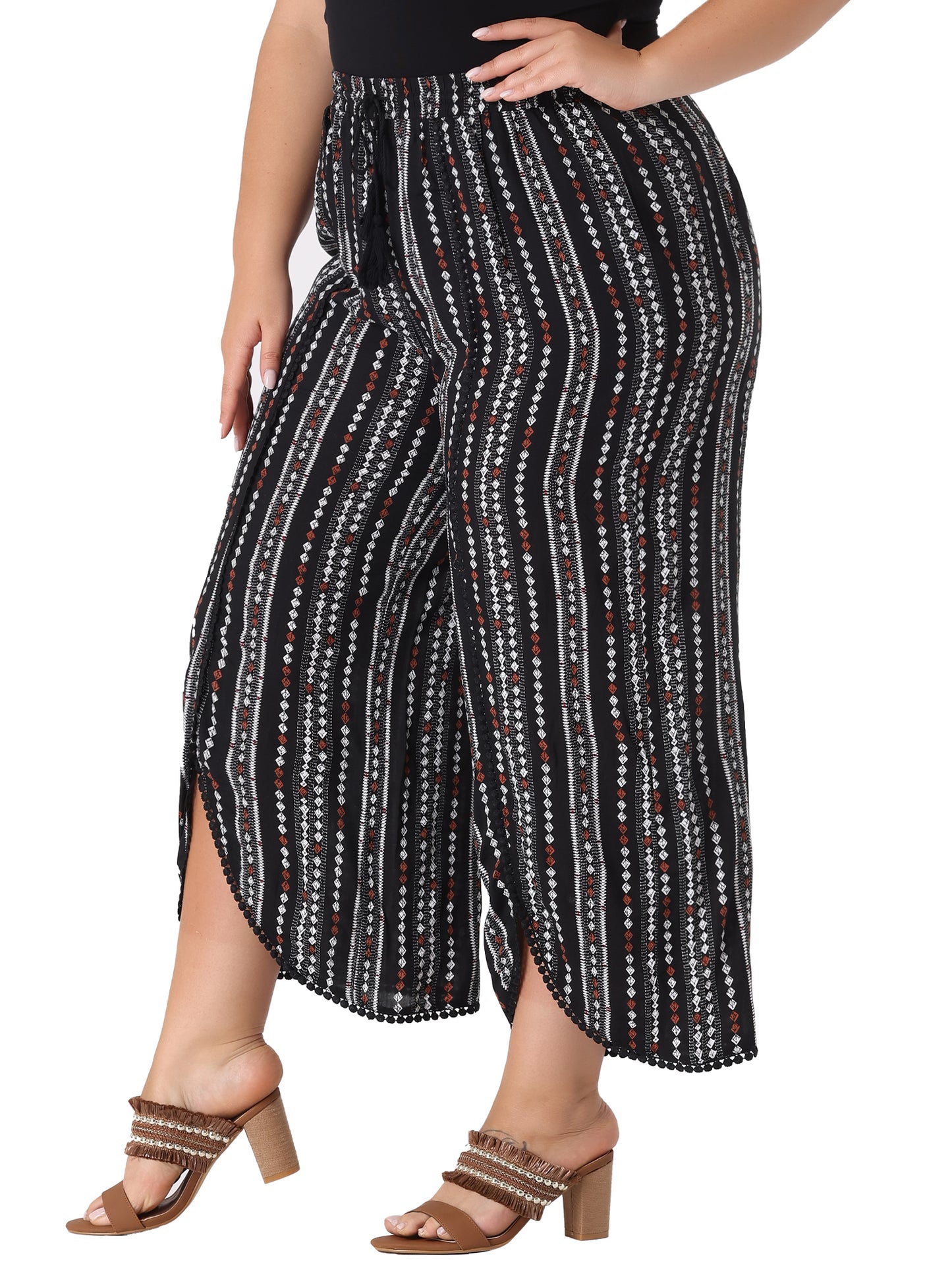 Women Plus Size Split Elastic Waist Flowy Striped Wide Leg Pants