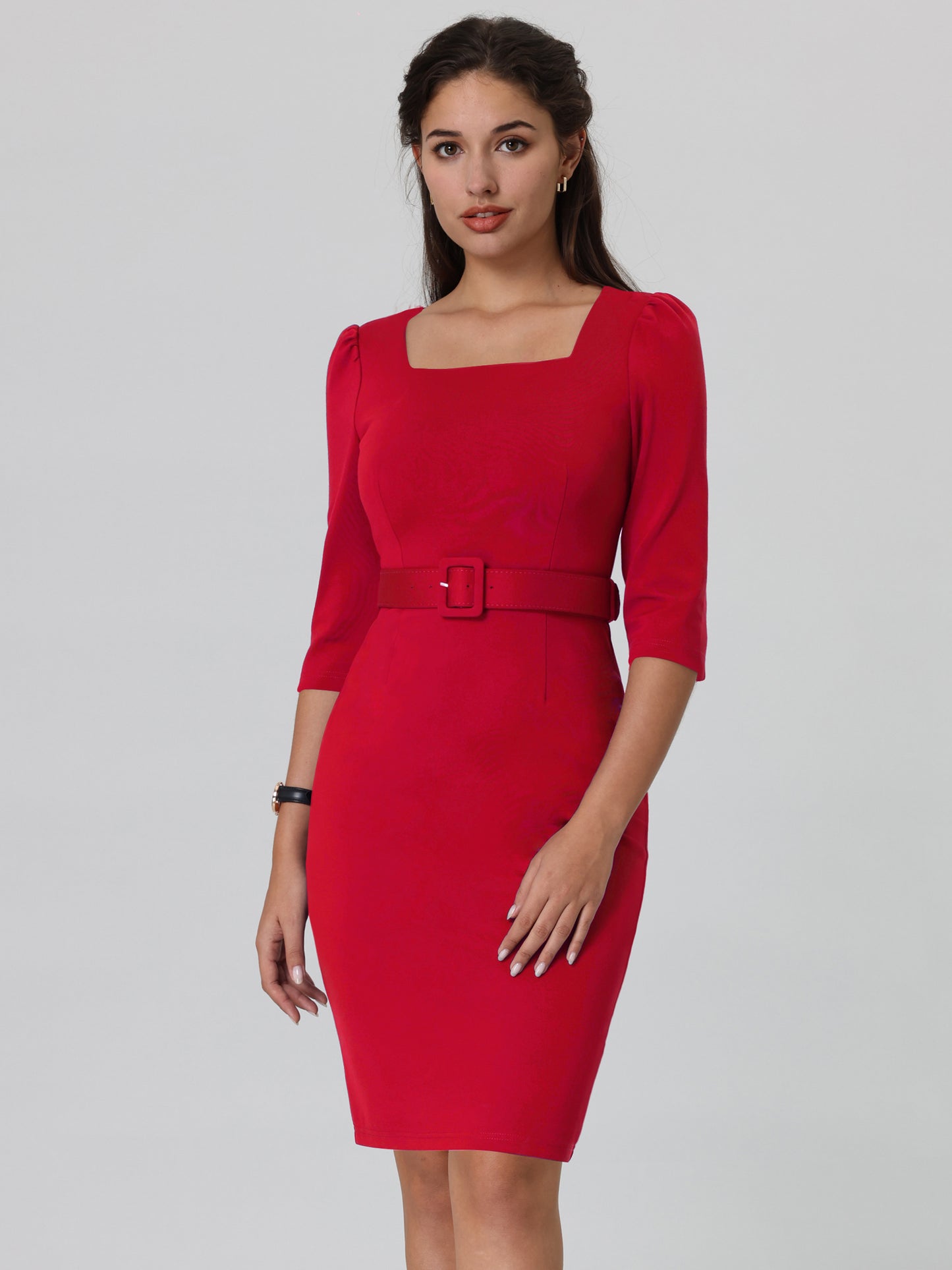 Women's Square Neck Work Dress Vintage Bodycon Pencil Sheath Dresses