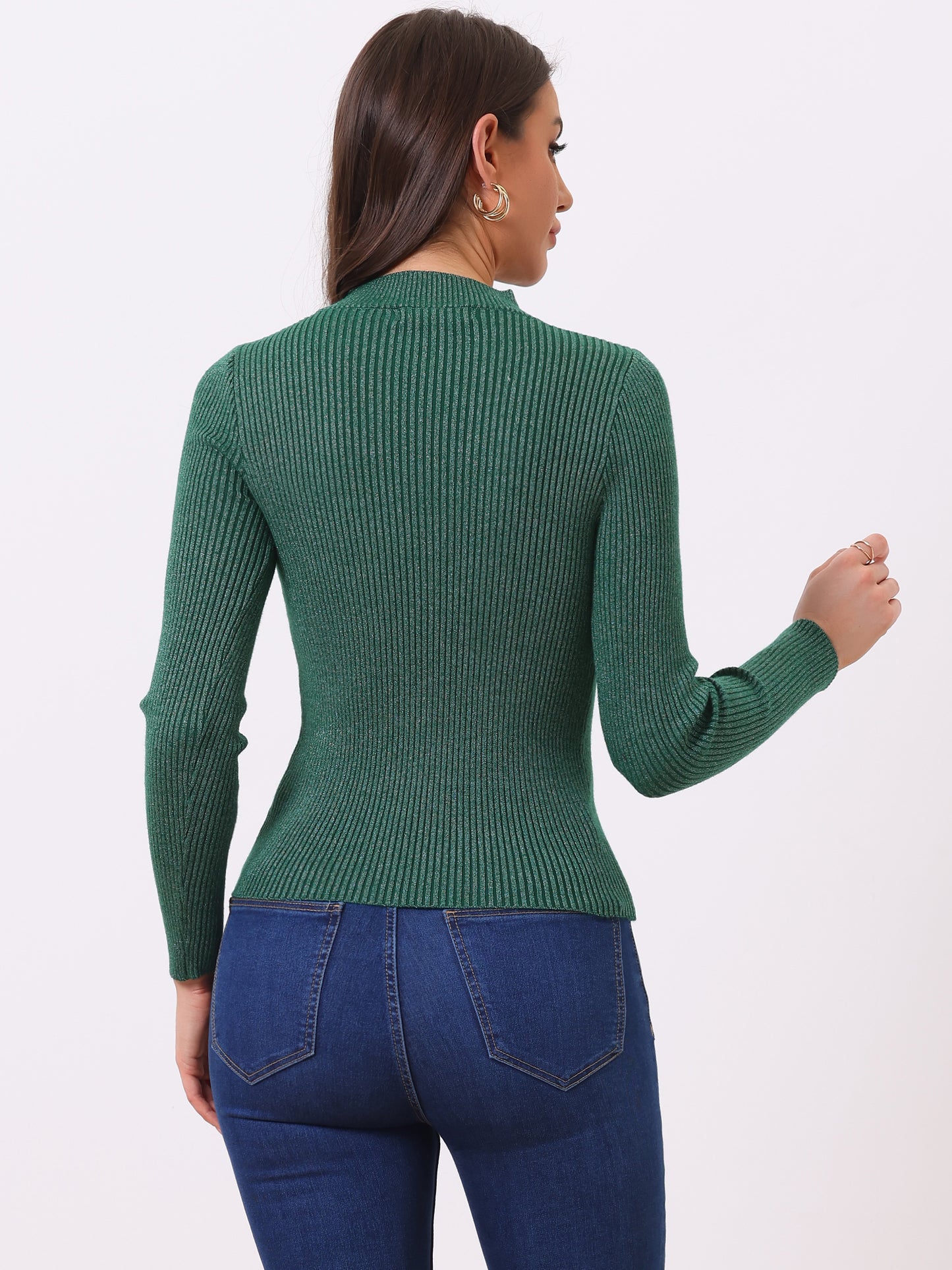 Women's Long Sleeve Glitter Tops Mock Neck Ribbed Knit Top Slim Fit Basic Pullover Sweater Top