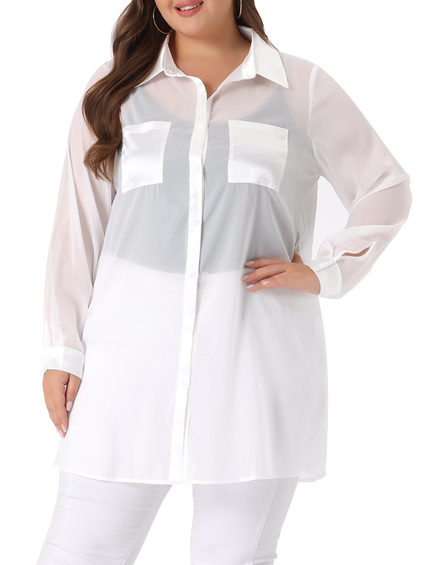Women's Plus Size Long Sleeves Button Down Solid Sheer Top Shirt
