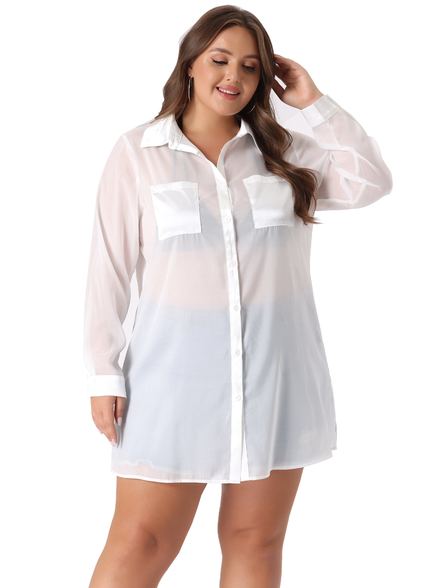 Women's Plus Size Long Sleeves Button Down Solid Sheer Top Shirt