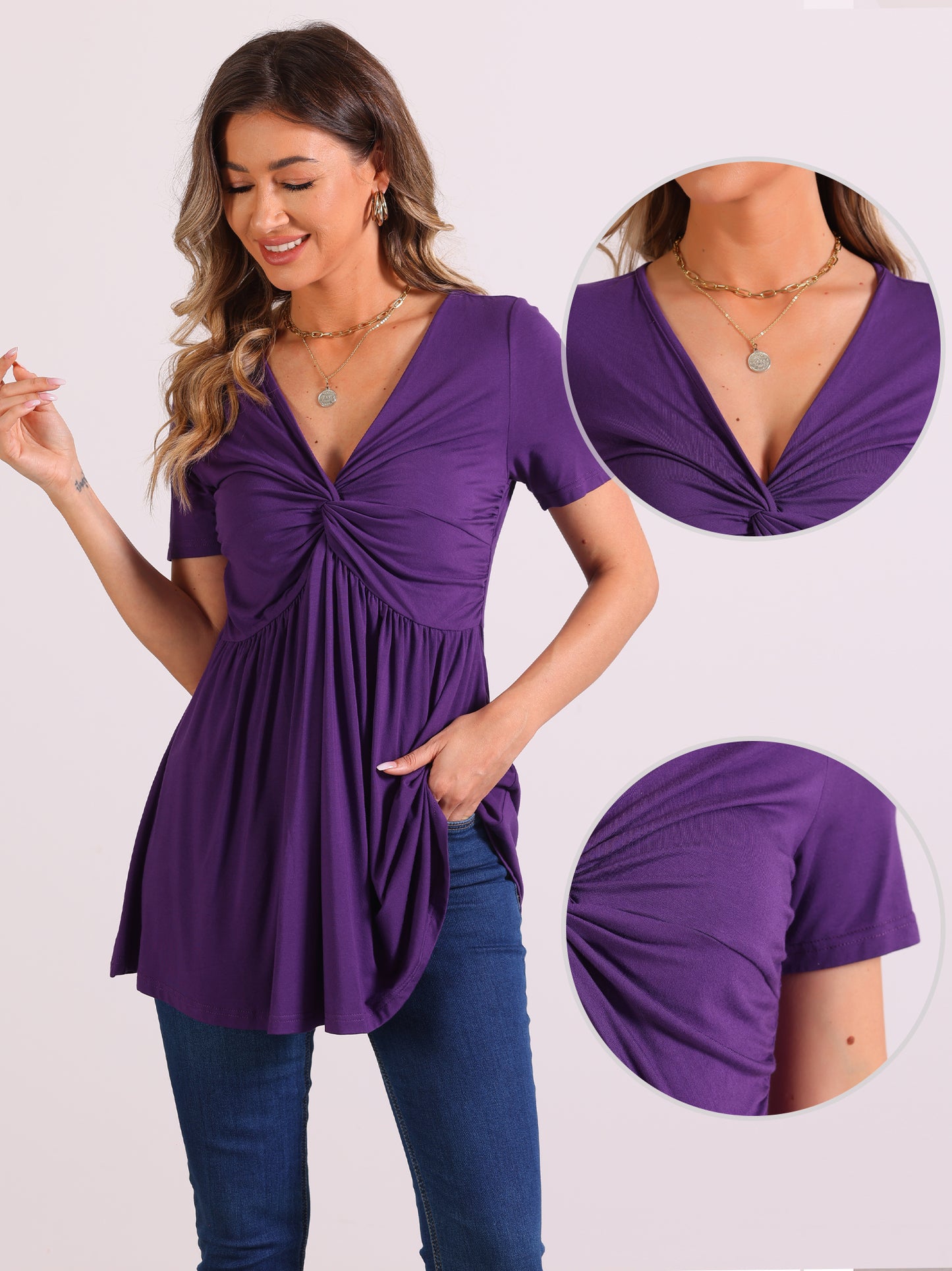 Women's Knotted V Neck Blouse Summer Short Sleeve Oversize Tunic Tops Solid Pullover