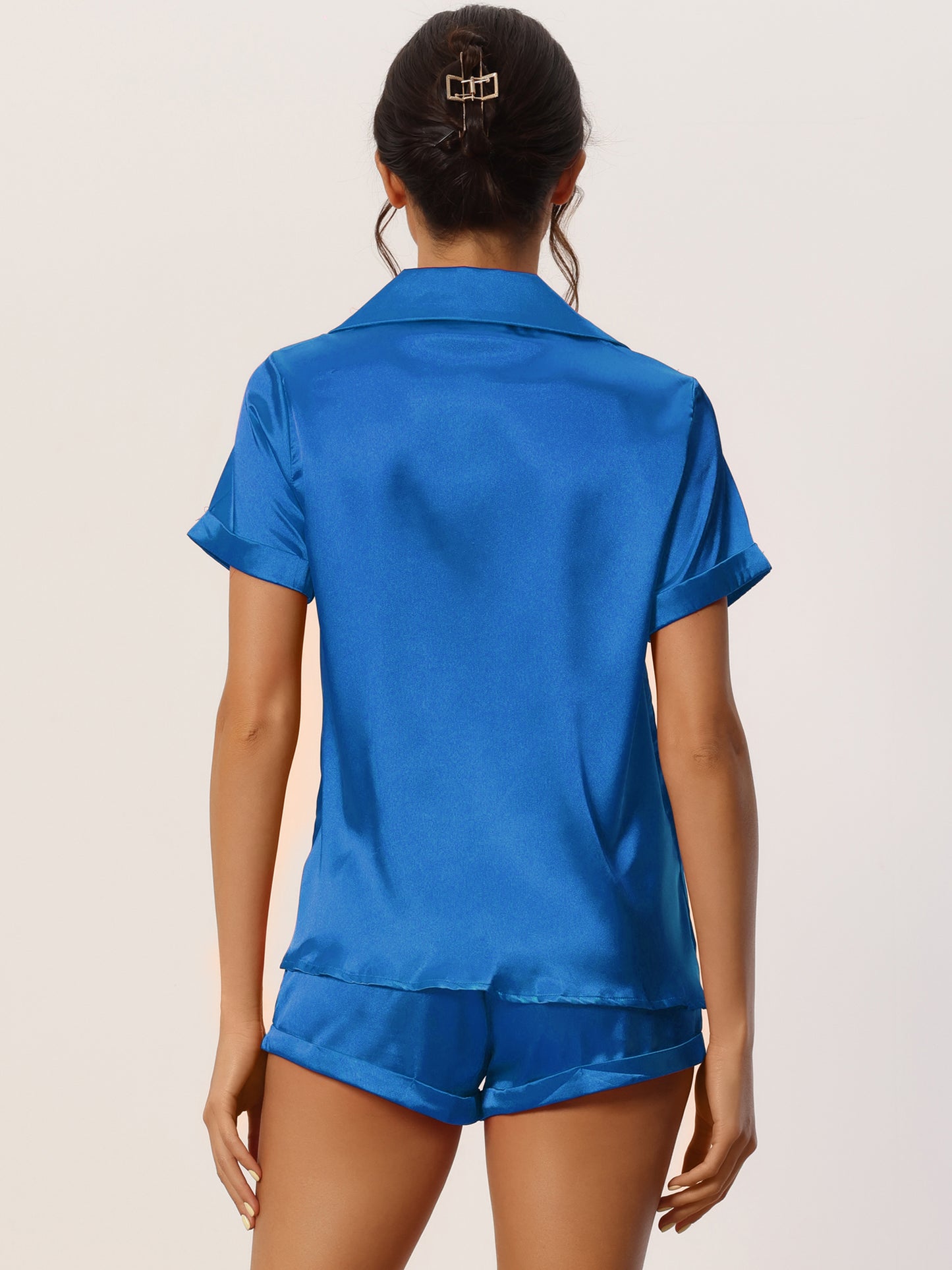 Women's Satin Pajama Set Button Short Sleeve Shirt and Shorts Loungwear Sleepwear
