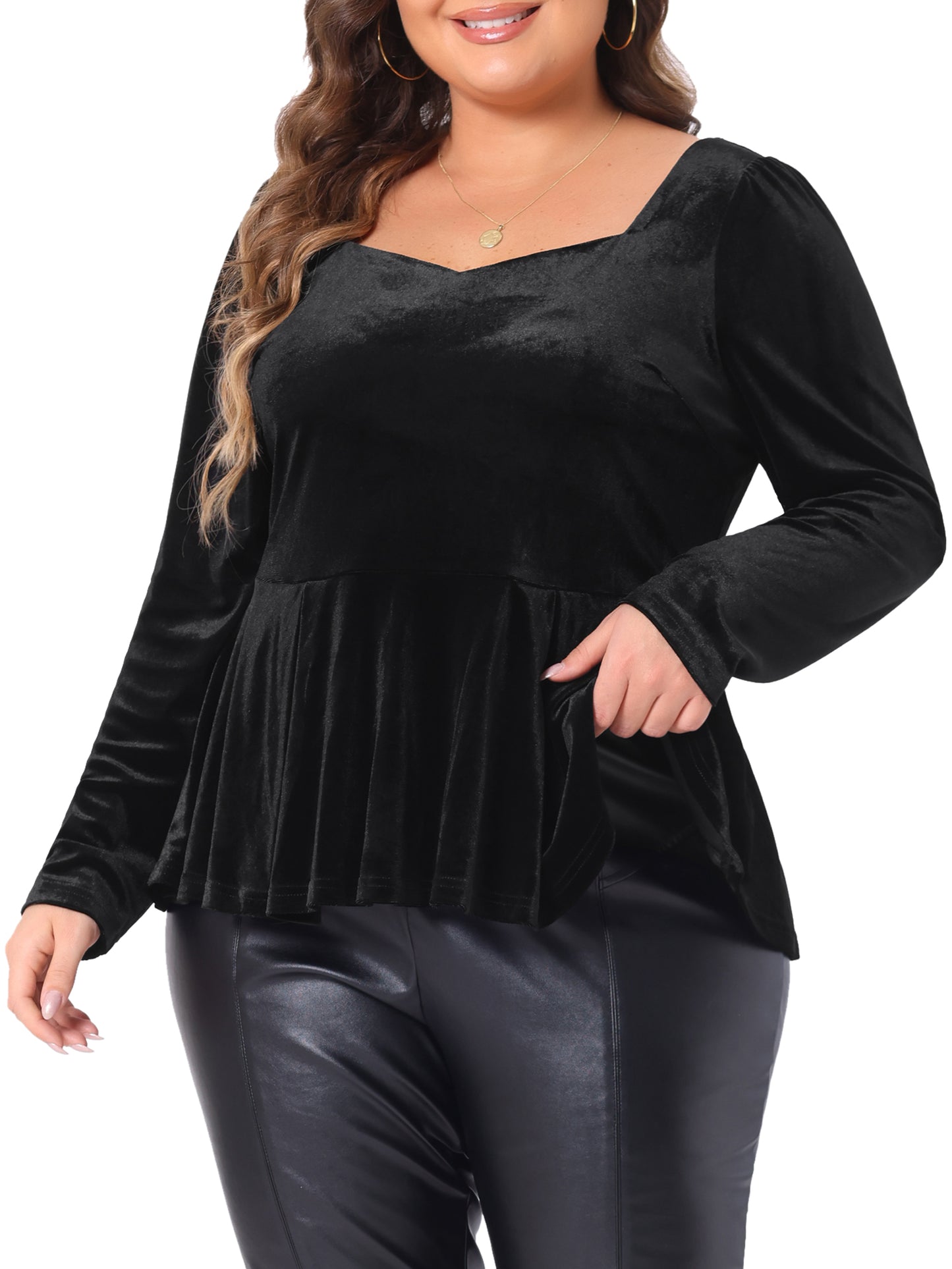Women Plus Size Velvet Top Long Sleeve Sweetheart V Neck Peplum Blouse