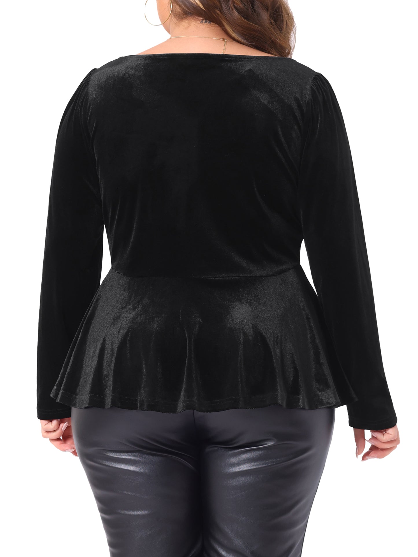 Women Plus Size Velvet Top Long Sleeve Sweetheart V Neck Peplum Blouse
