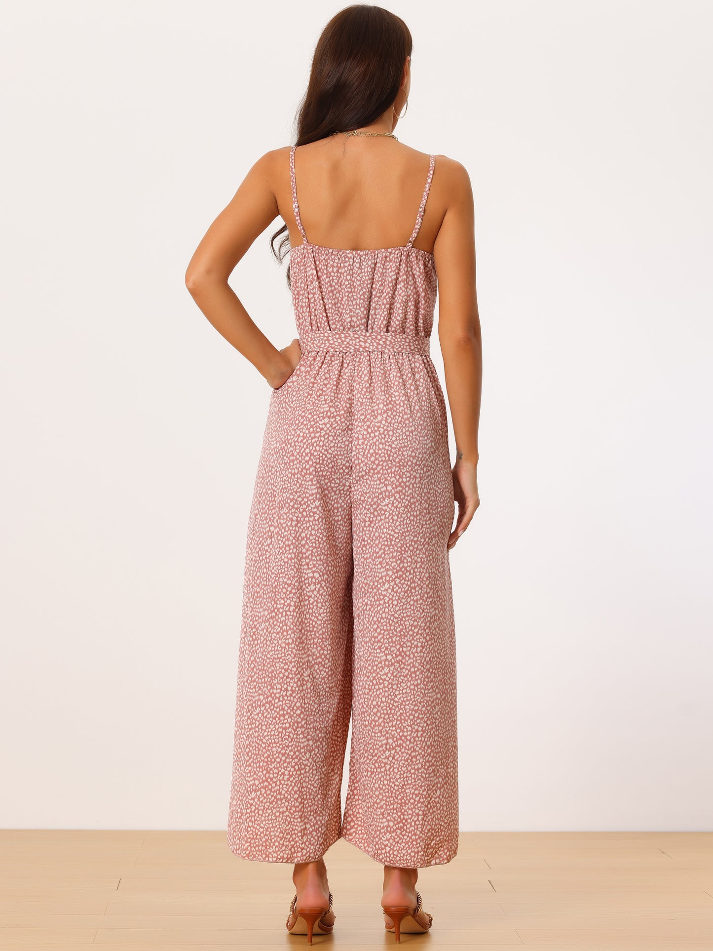 Women's Summer Jumpsuits Spaghetti Straps Sleeveless V Neck Tie Waist Split Wide Leg Casual Rompers