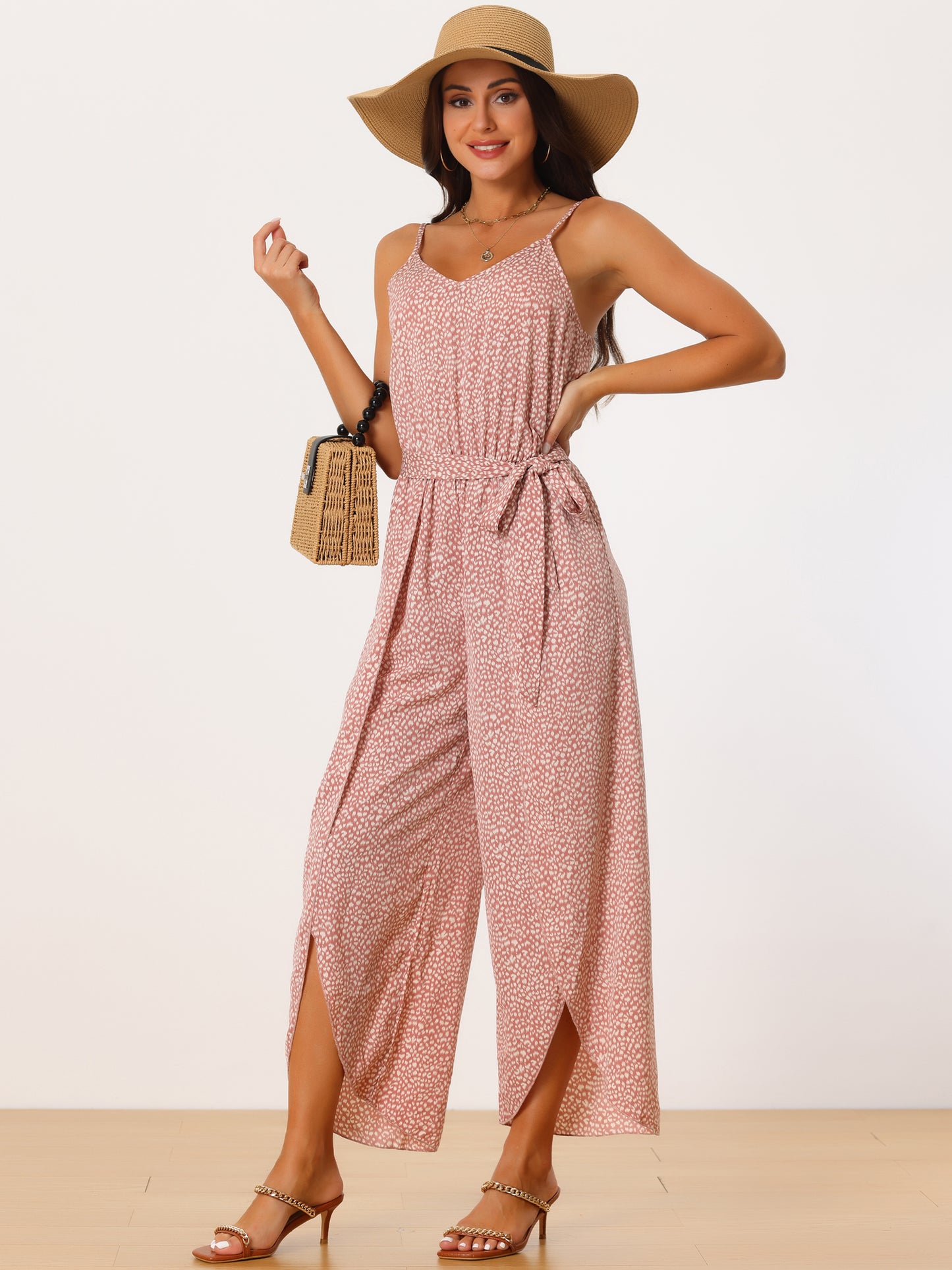 Women's Summer Jumpsuits Spaghetti Straps Sleeveless V Neck Tie Waist Split Wide Leg Casual Rompers