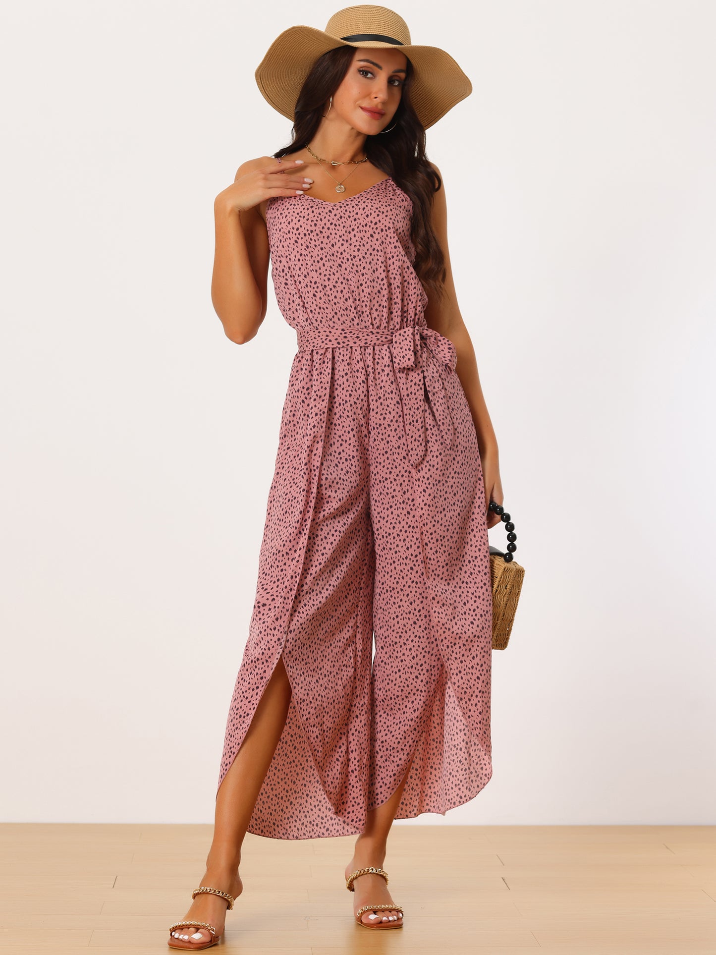 Women's Summer Jumpsuits Spaghetti Straps Sleeveless V Neck Tie Waist Split Wide Leg Casual Rompers