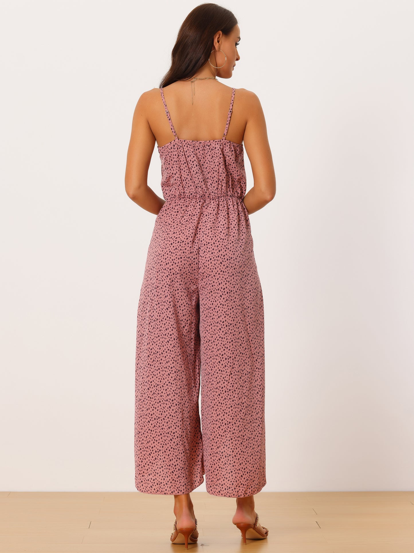 Women's Summer Jumpsuits Spaghetti Straps Sleeveless V Neck Tie Waist Split Wide Leg Casual Rompers