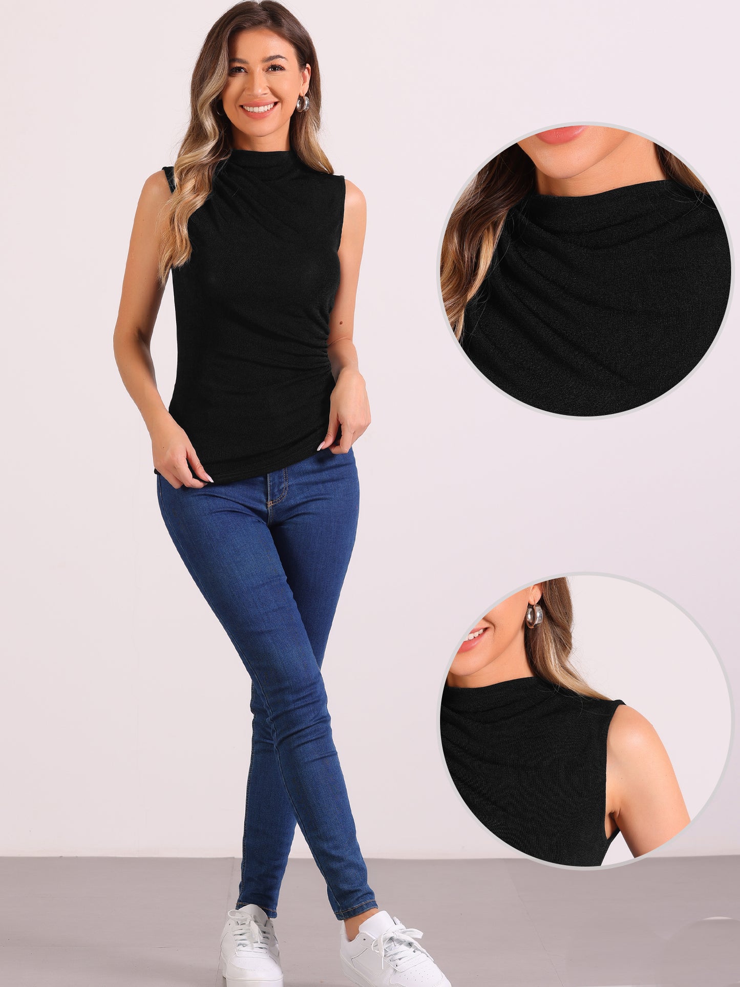 Women's Turtle Mock Neck Casual Slim Fit Sleeveless Ruched Tank Top