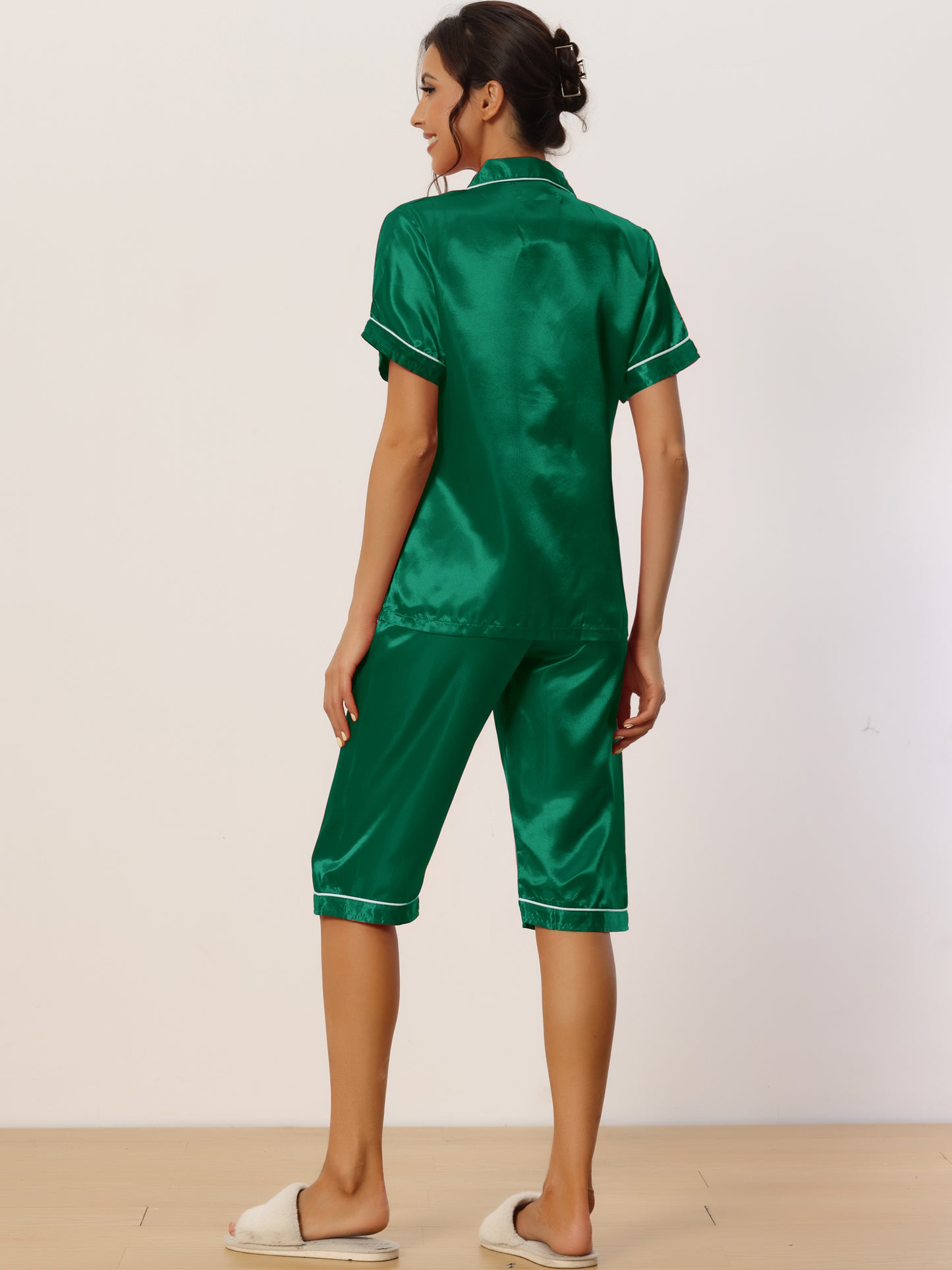 Women's Satin Pajamas Sleepwear Button Down Lounge Silk Pjs Set with Capri Pants