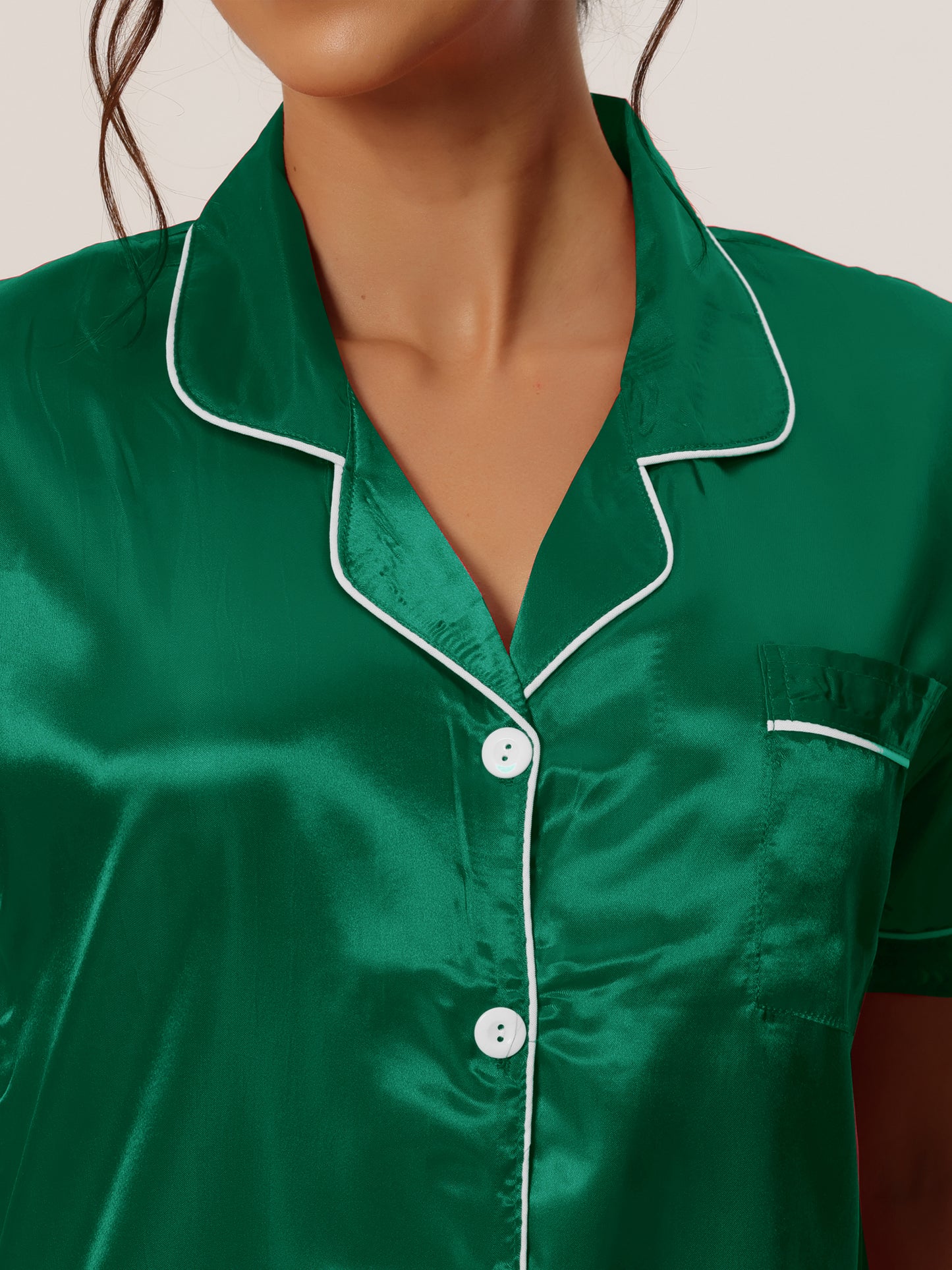 Women's Satin Pajamas Sleepwear Button Down Lounge Silk Pjs Set with Capri Pants