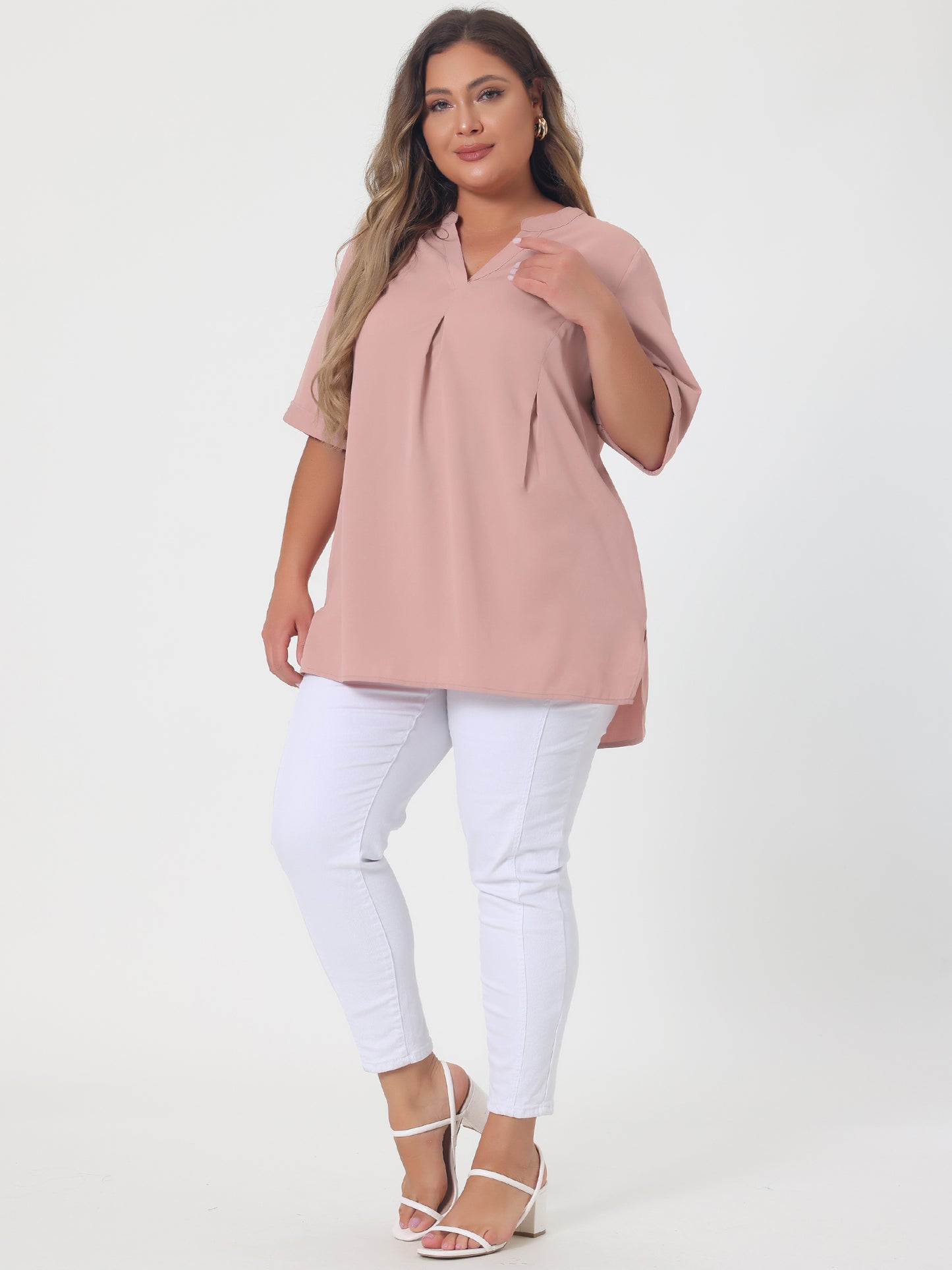 Women's Plus Size Blouse V Neck Casual Solid Blouses 1/2 Sleeve Tunic Top