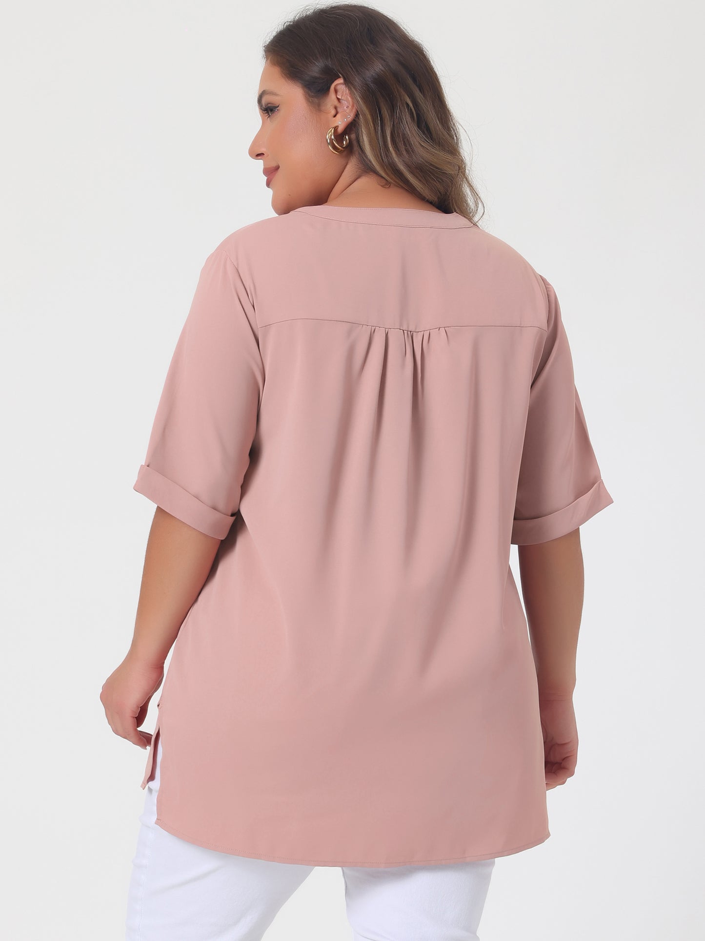 Women's Plus Size Blouse V Neck Casual Solid Blouses 1/2 Sleeve Tunic Top