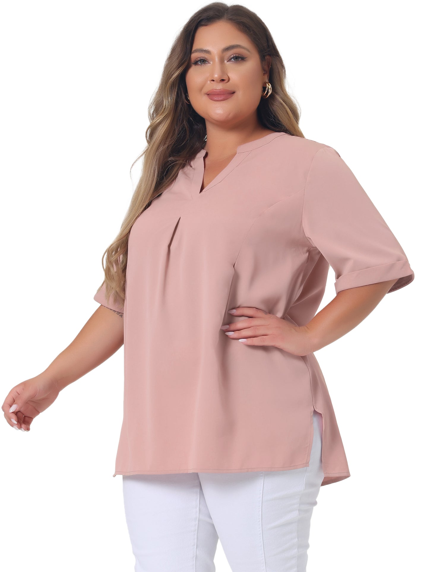 Women's Plus Size Blouse V Neck Casual Solid Blouses 1/2 Sleeve Tunic Top