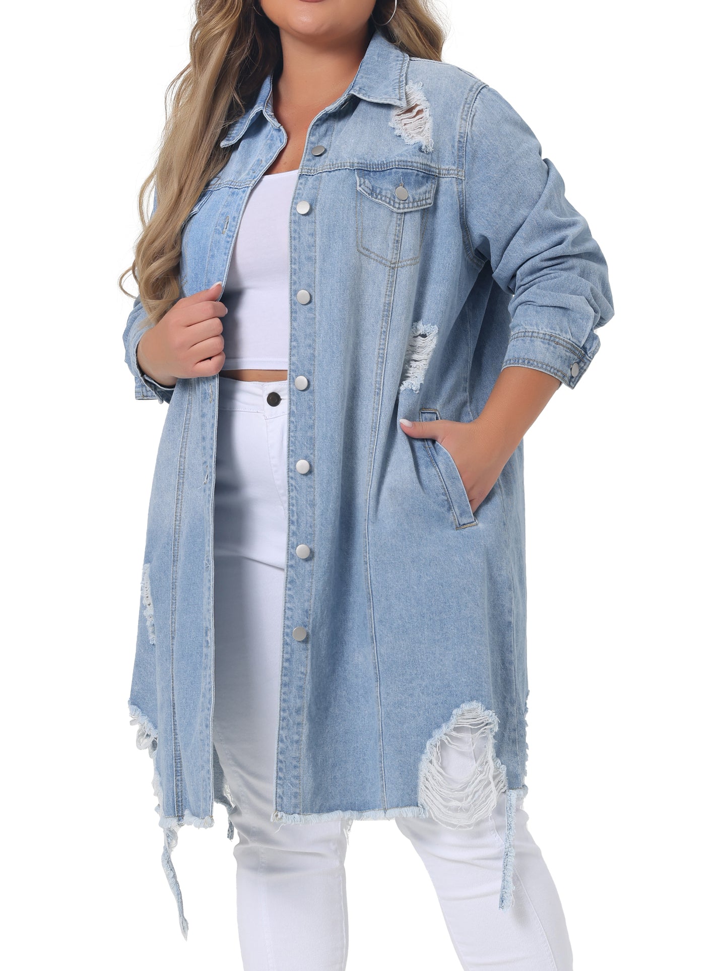 Women Plus Size Jean Jacket Distressed Long Sleeve Oversized Denim Trucker Jacket