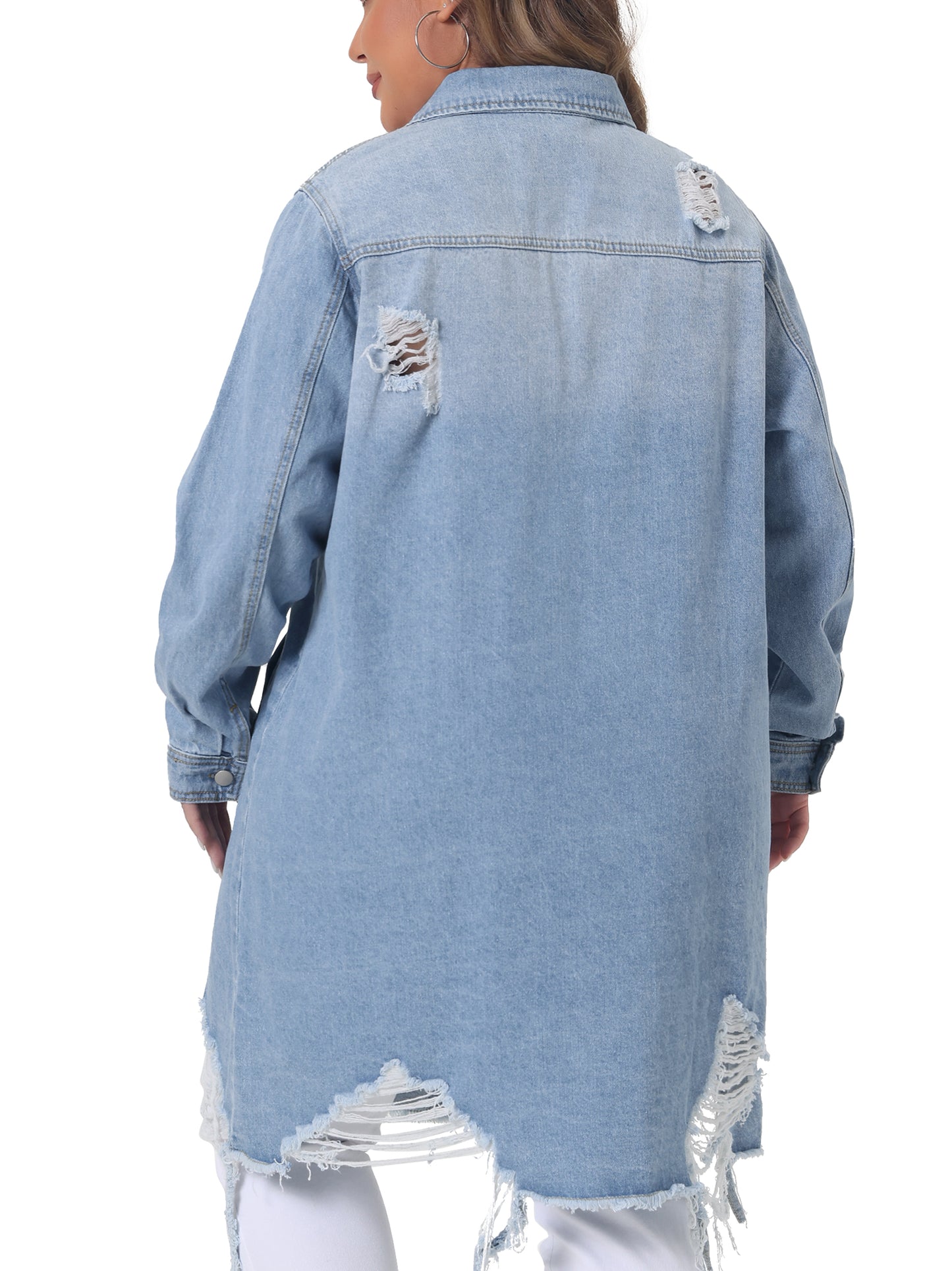 Women Plus Size Jean Jacket Distressed Long Sleeve Oversized Denim Trucker Jacket