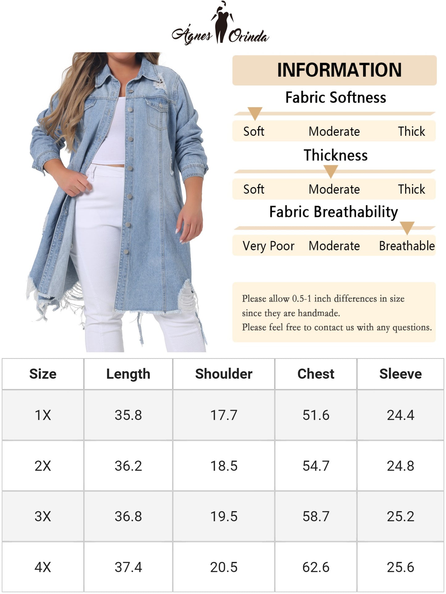 Women Plus Size Jean Jacket Distressed Long Sleeve Oversized Denim Trucker Jacket