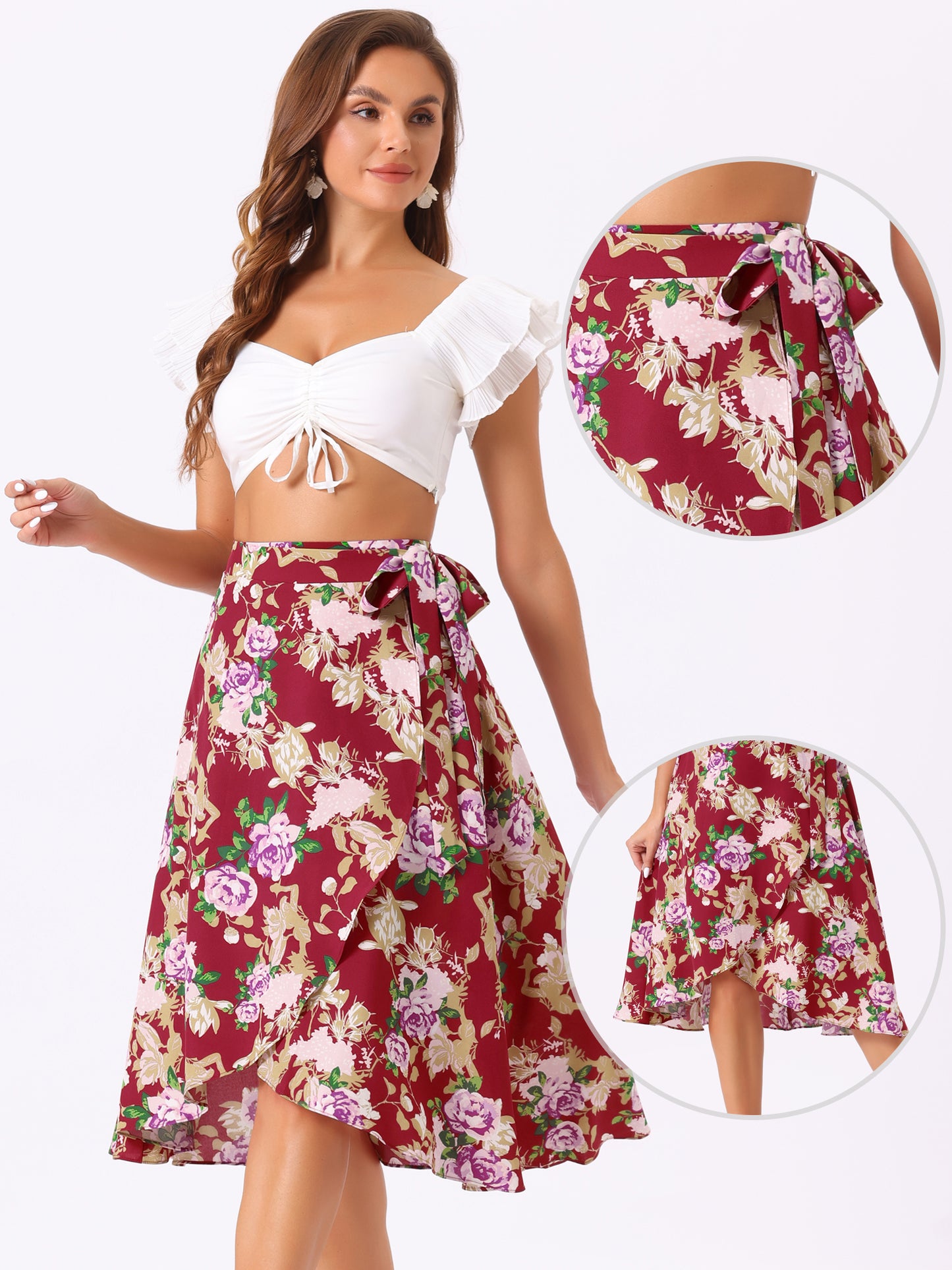 Falda midi cruzada con estampado floral bohemio de playa tropical para mujer
