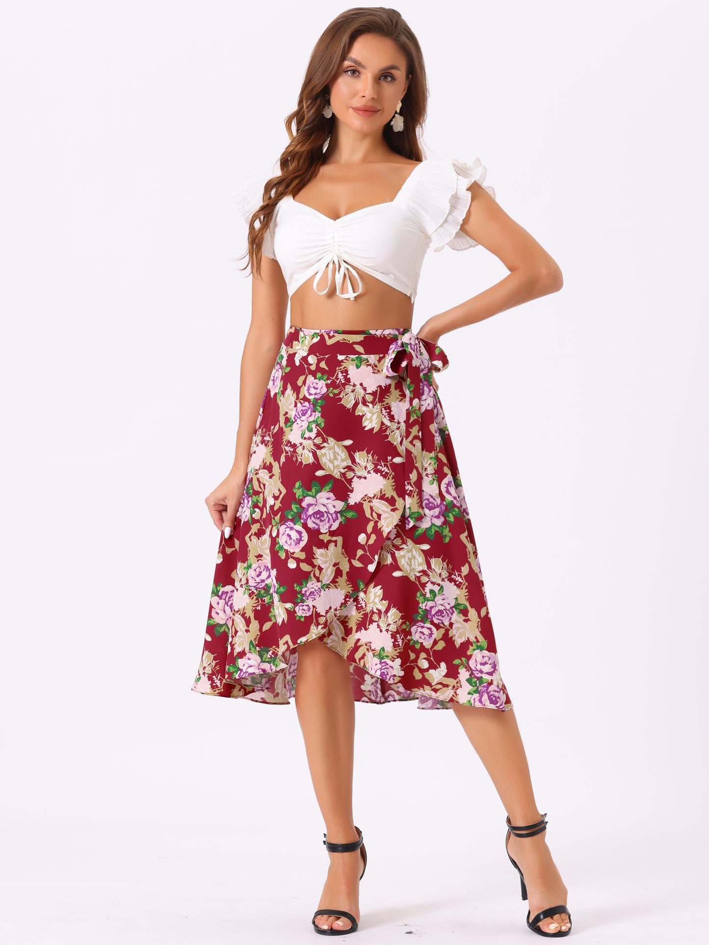 Falda midi cruzada con estampado floral bohemio de playa tropical para mujer