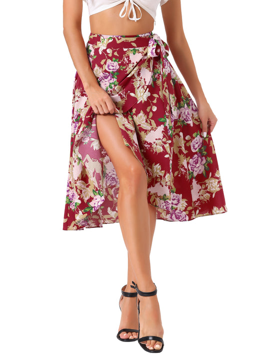 Women's Tropical Beach Boho Foral Print Wrap Midi Skirt