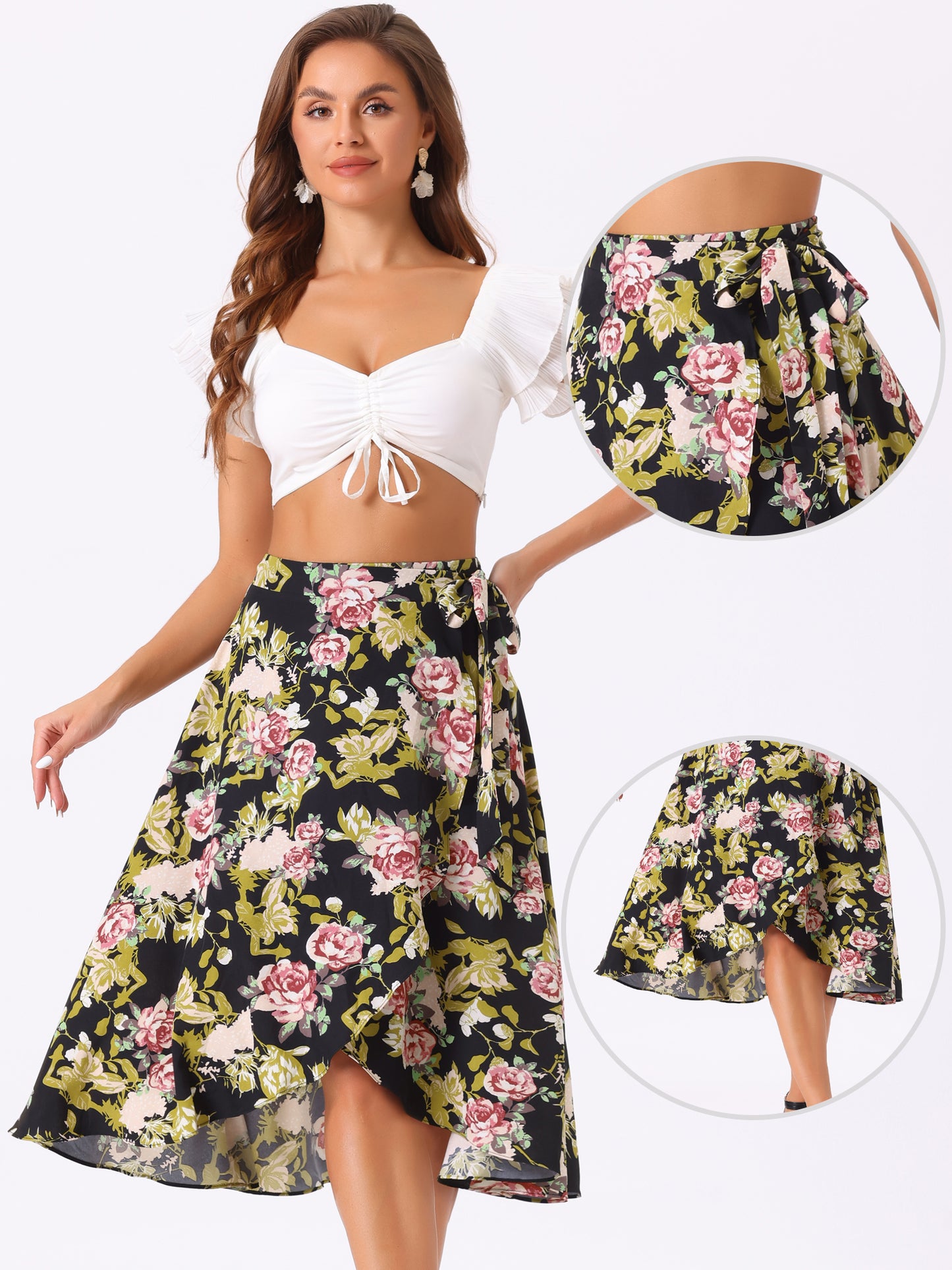 Falda midi cruzada con estampado floral bohemio de playa tropical para mujer