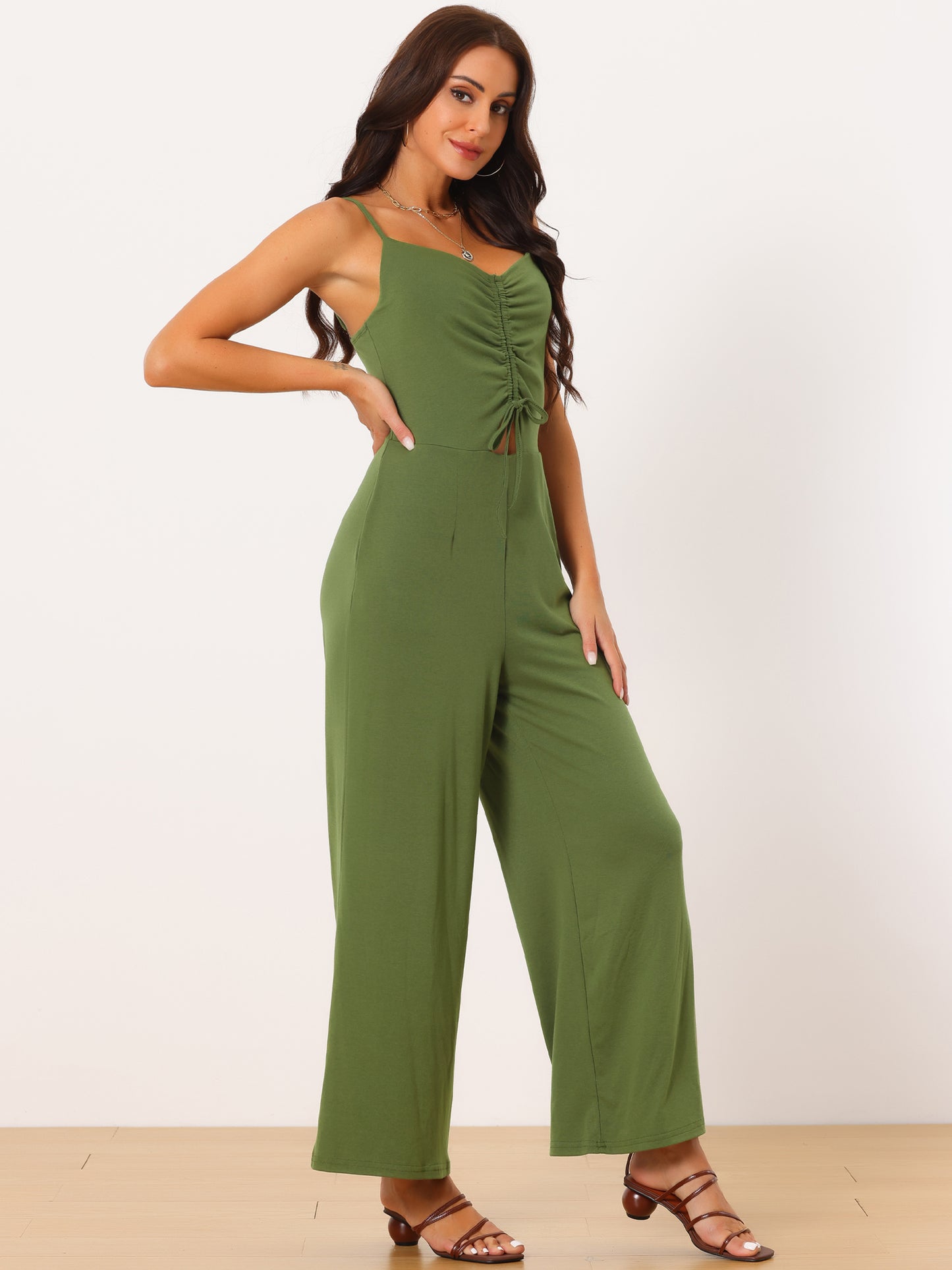 Women's V Neck Ruched Drawstring Front Sleeveless Spaghetti Straps Wide Leg Long Jumpsuits