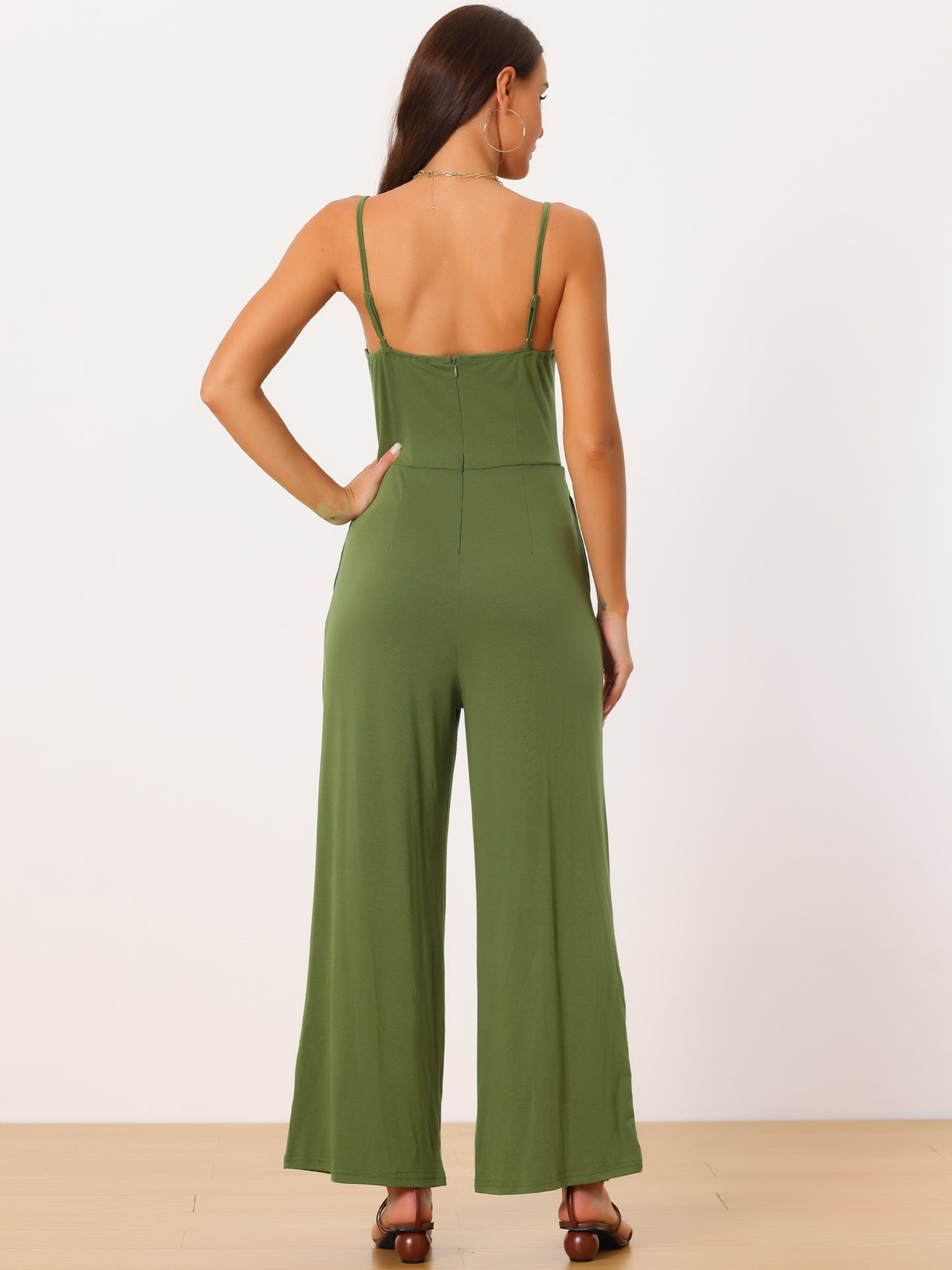 Women's V Neck Ruched Drawstring Front Sleeveless Spaghetti Straps Wide Leg Long Jumpsuits