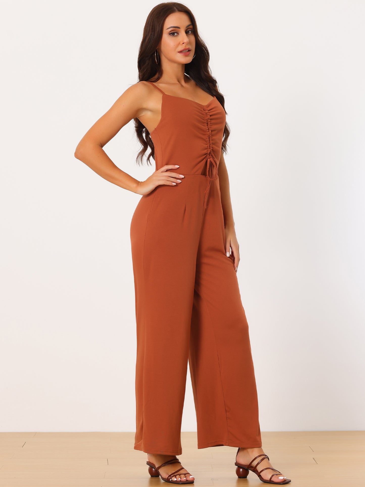 Women's V Neck Ruched Drawstring Front Sleeveless Spaghetti Straps Wide Leg Long Jumpsuits