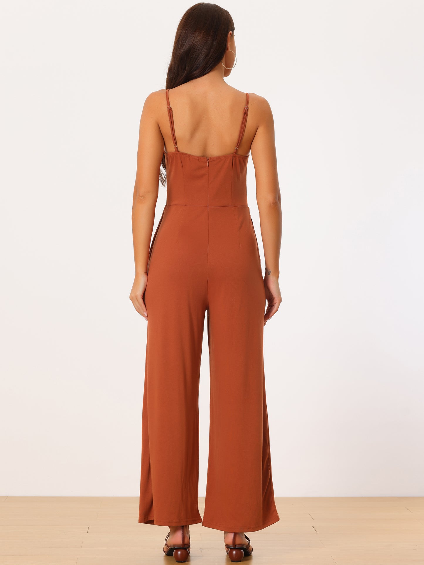 Women's V Neck Ruched Drawstring Front Sleeveless Spaghetti Straps Wide Leg Long Jumpsuits