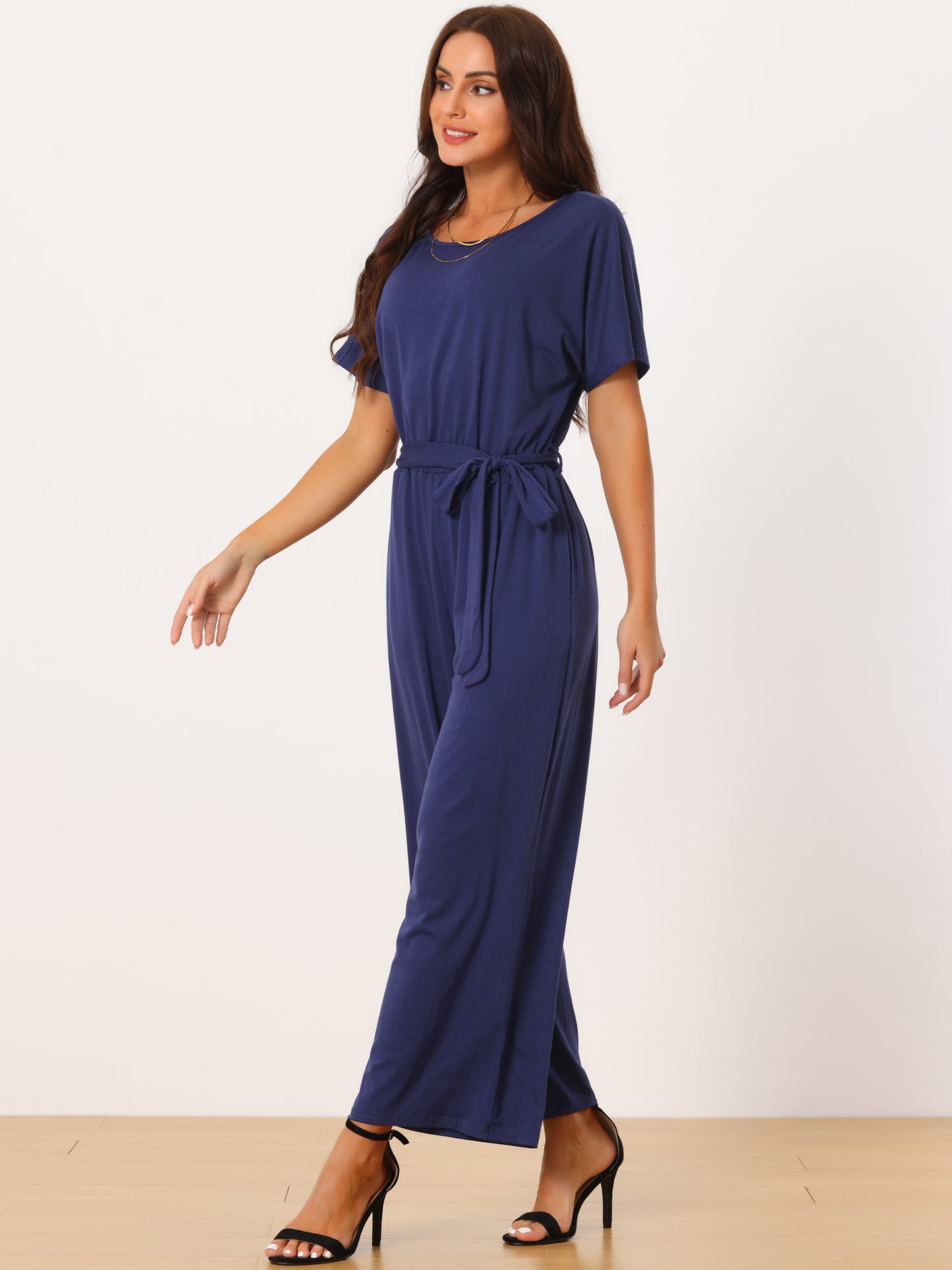Women's Crewneck Short Sleeve Belted High Waist Wide Leg Casual Dressy Jumpsuits with Pockets