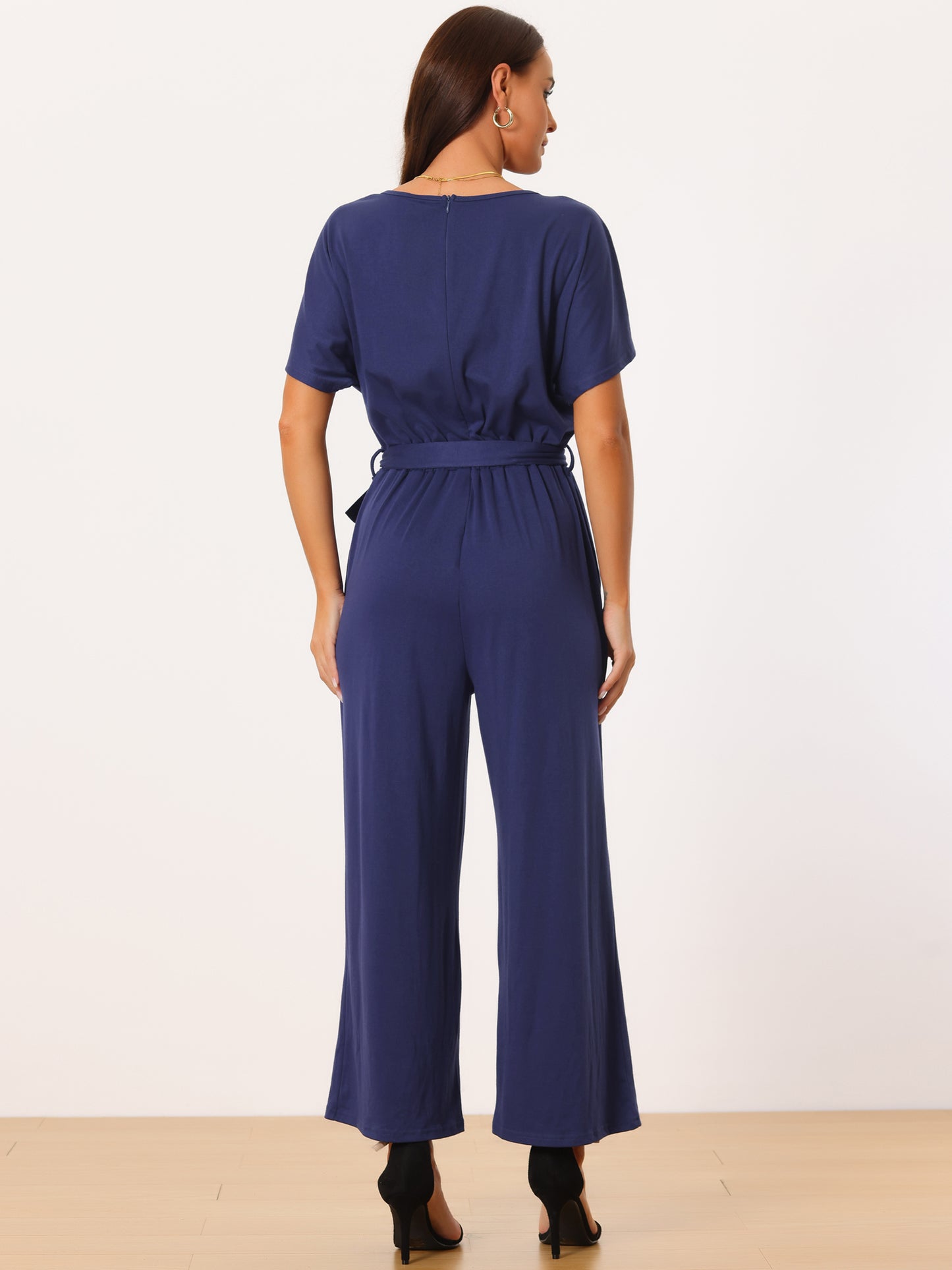 Women's Crewneck Short Sleeve Belted High Waist Wide Leg Casual Dressy Jumpsuits with Pockets