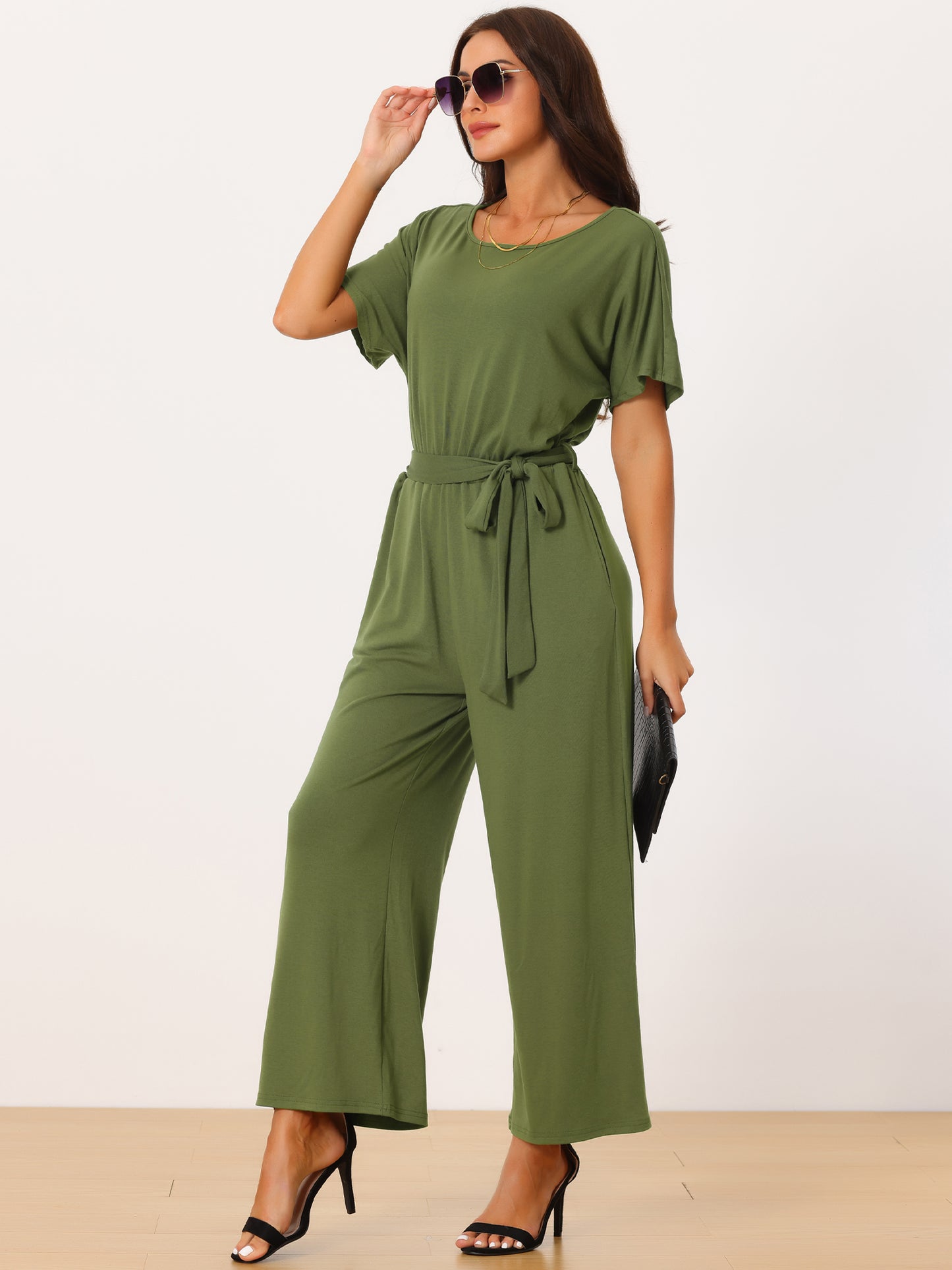 Women's Crewneck Short Sleeve Belted High Waist Wide Leg Casual Dressy Jumpsuits with Pockets