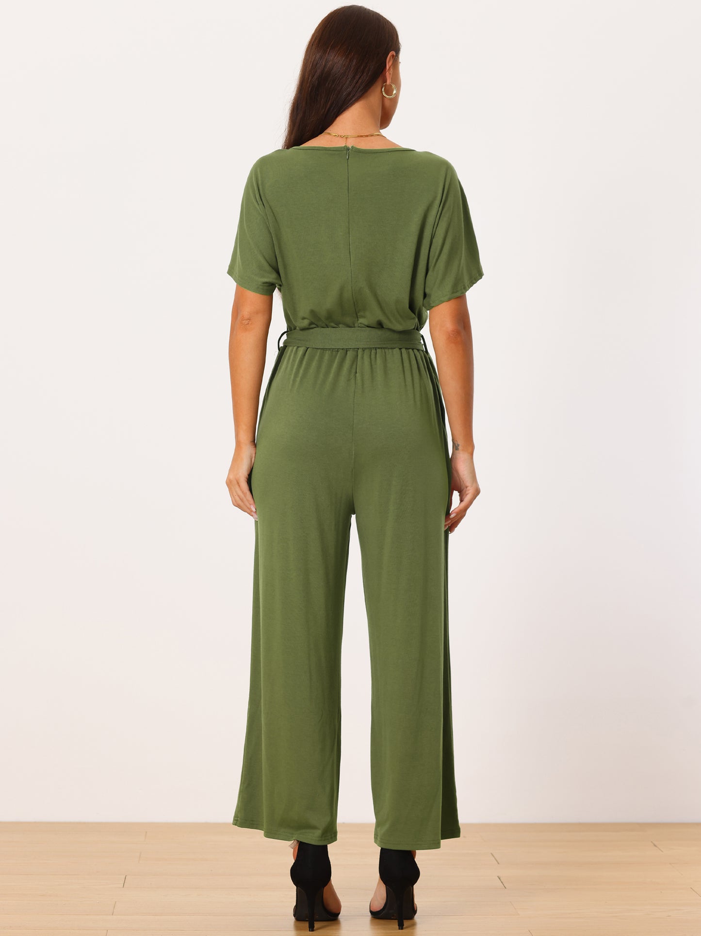 Women's Crewneck Short Sleeve Belted High Waist Wide Leg Casual Dressy Jumpsuits with Pockets