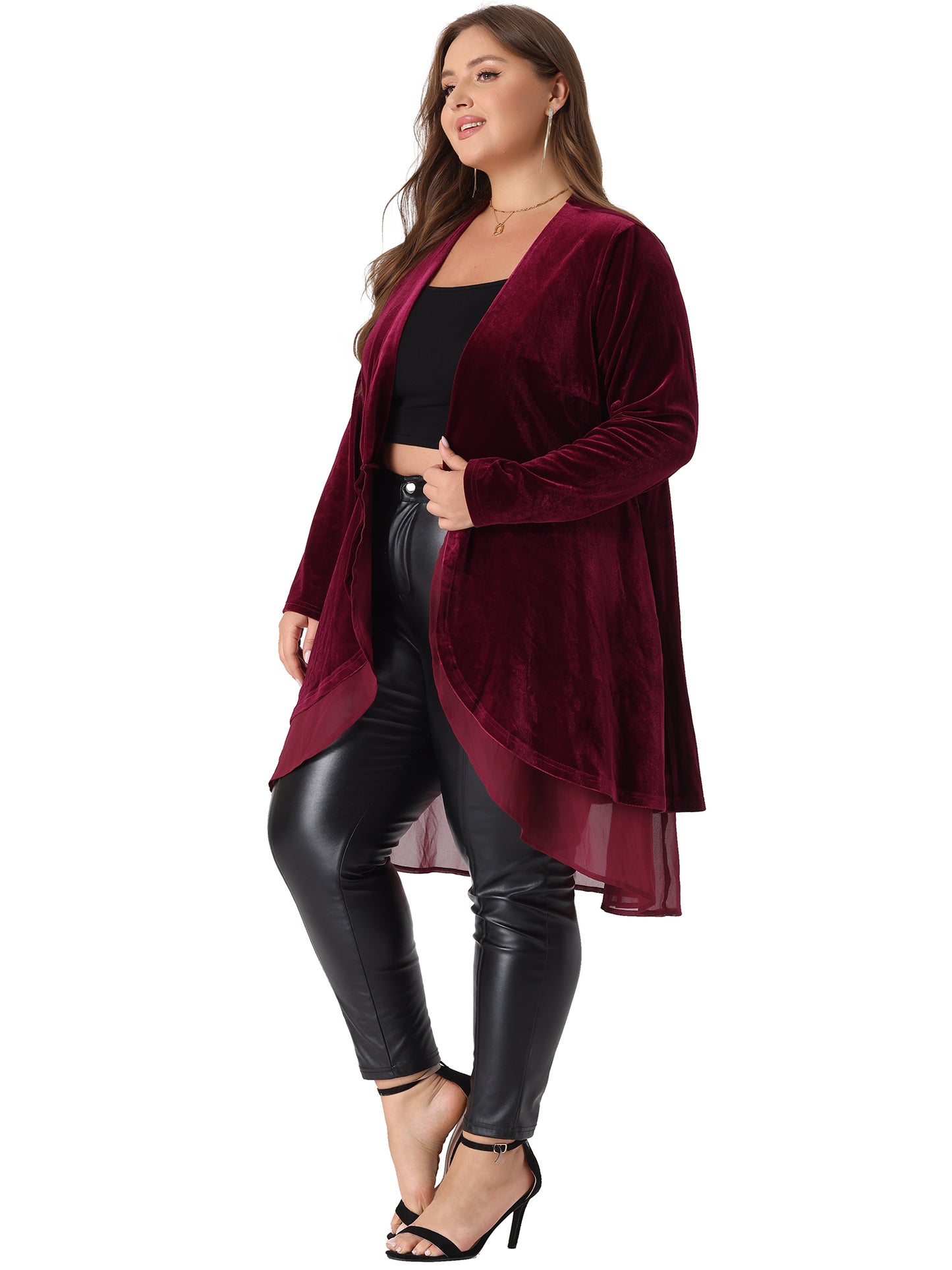 Women Plus Size Cardigan Ruffled Asymmetric Open Front Long Velvet Jacket