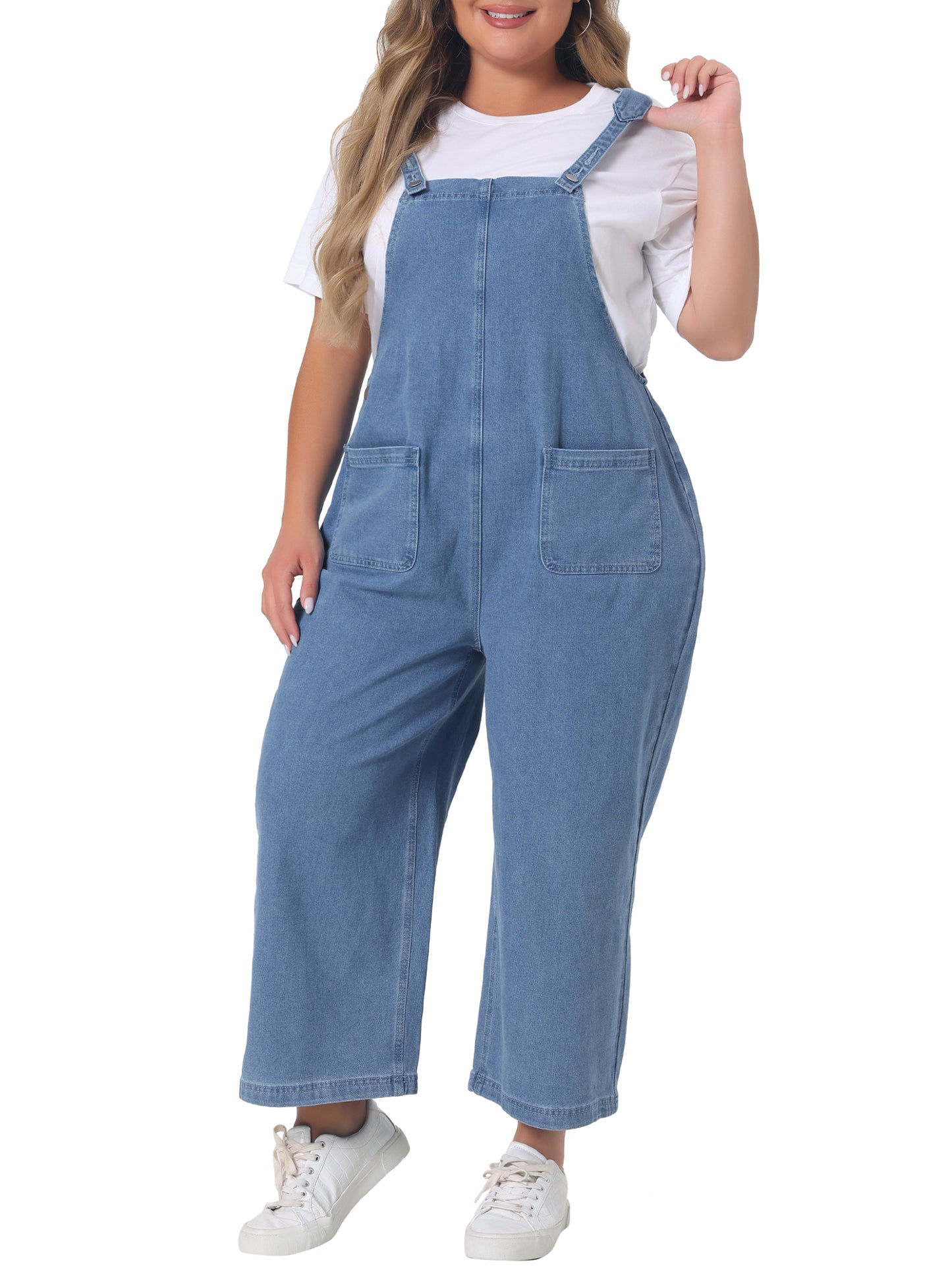 Women Plus Size Denim Bib Overalls Classic Adjustable Straps Pockets Jumpsuit Jeans Pants