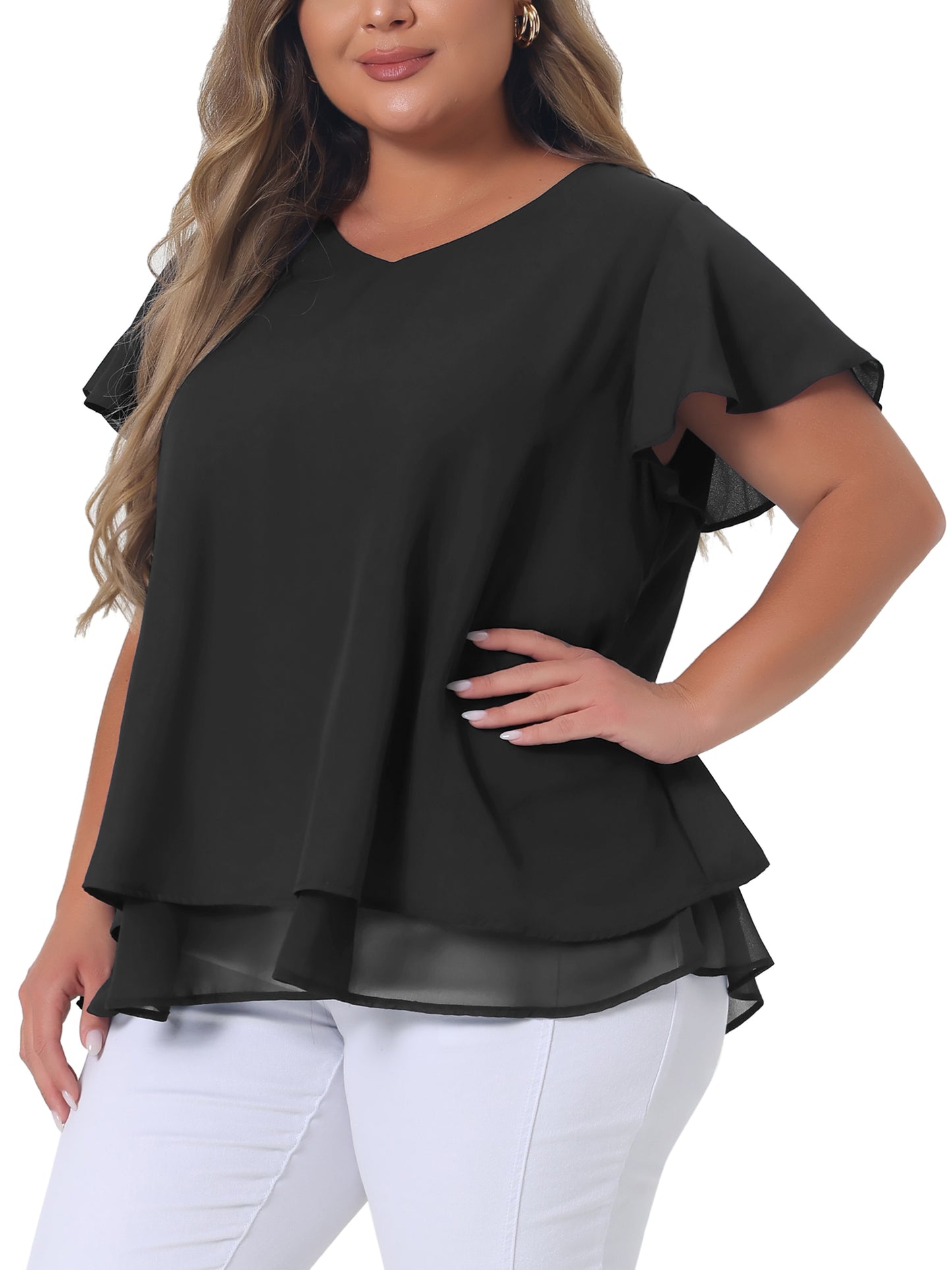 Women's Plus Size Summer Ruffle Short Sleeves V Neck Double Layered Hem Chiffon Blouse