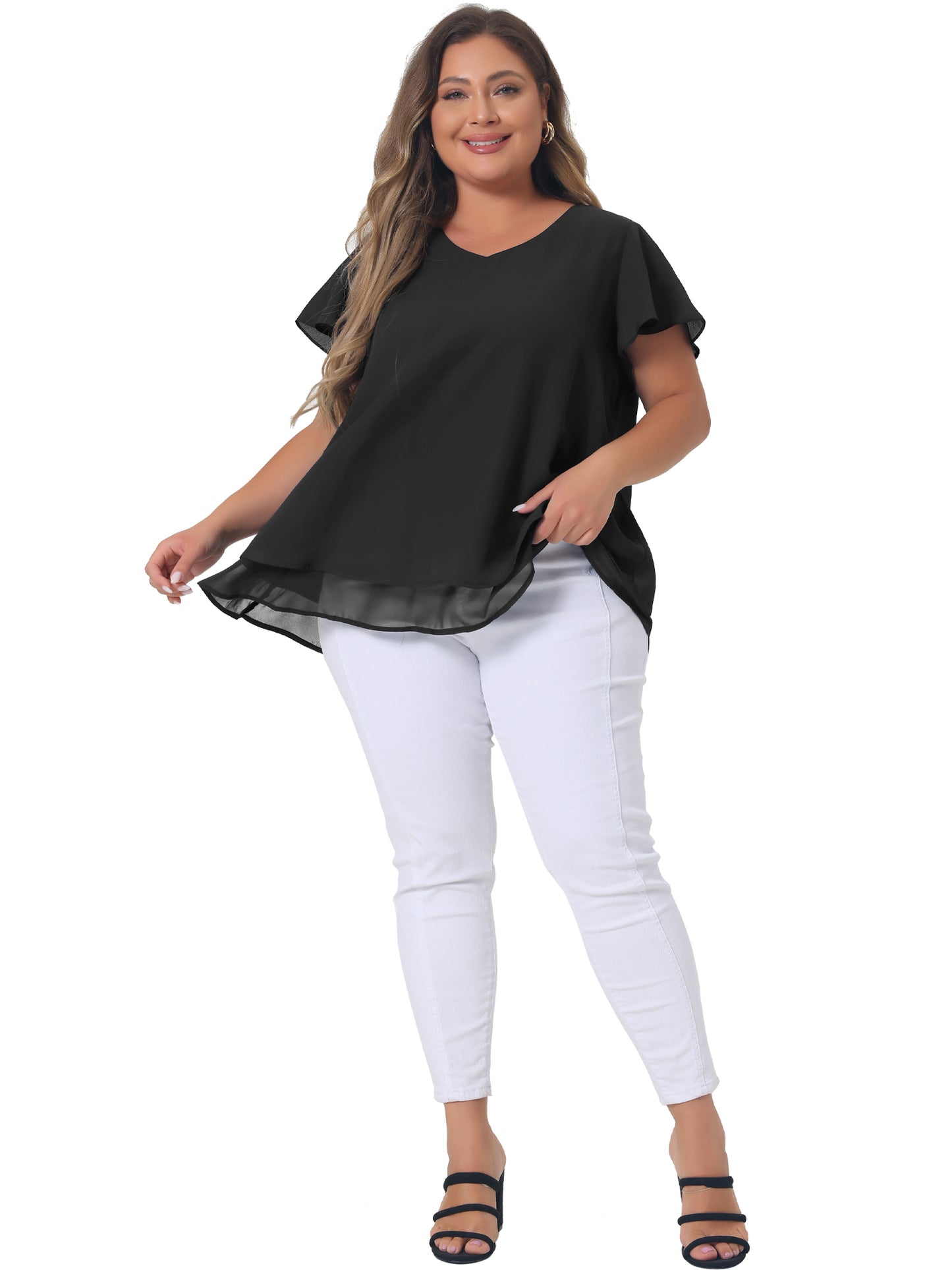 Women's Plus Size Summer Ruffle Short Sleeves V Neck Double Layered Hem Chiffon Blouse