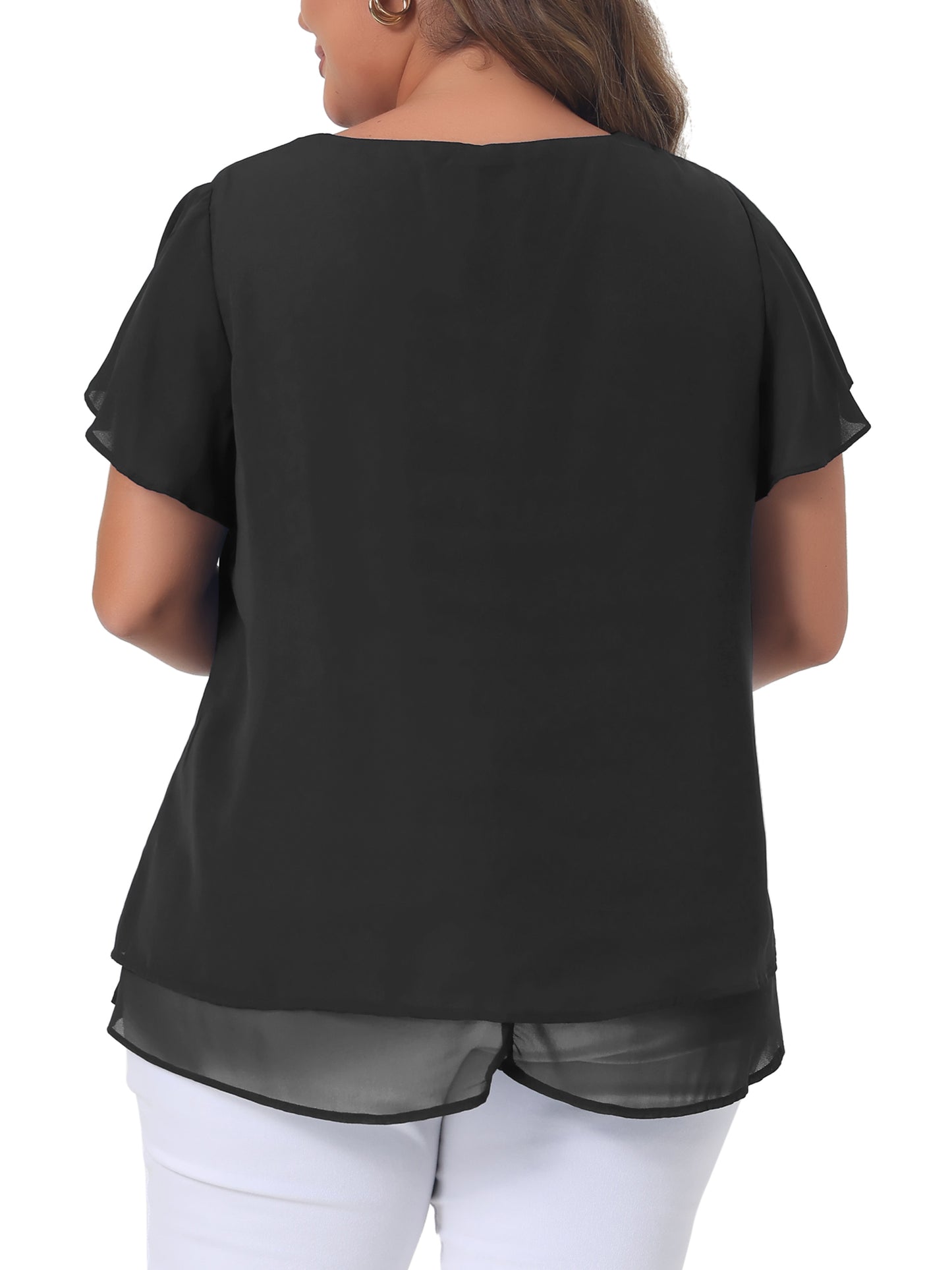 Women's Plus Size Summer Ruffle Short Sleeves V Neck Double Layered Hem Chiffon Blouse