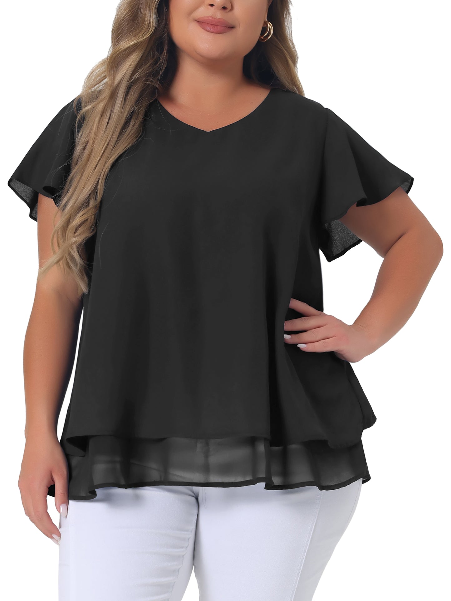 Women's Plus Size Summer Ruffle Short Sleeves V Neck Double Layered Hem Chiffon Blouse