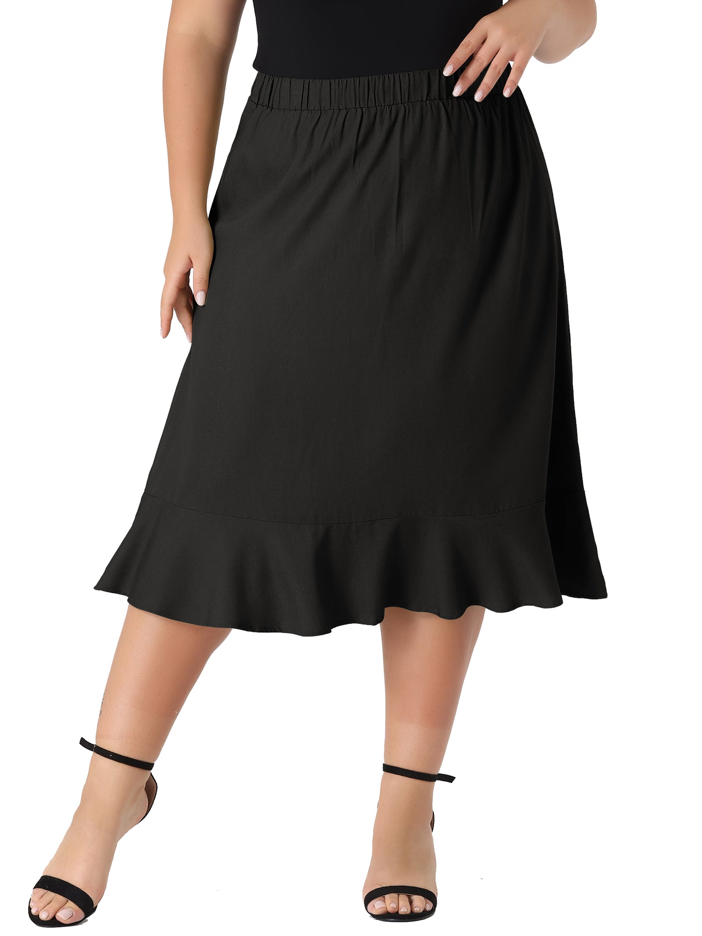 Women Plus Size Skirt Elastic Waist Ruffle Hem Chambray Midi Skirt