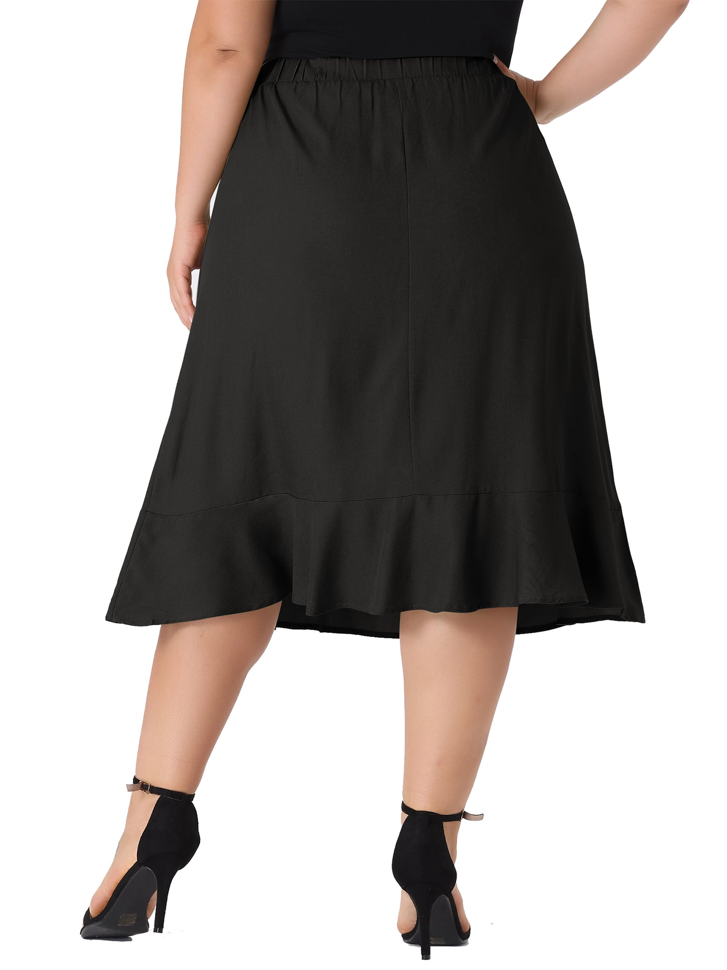 Women Plus Size Skirt Elastic Waist Ruffle Hem Chambray Midi Skirt