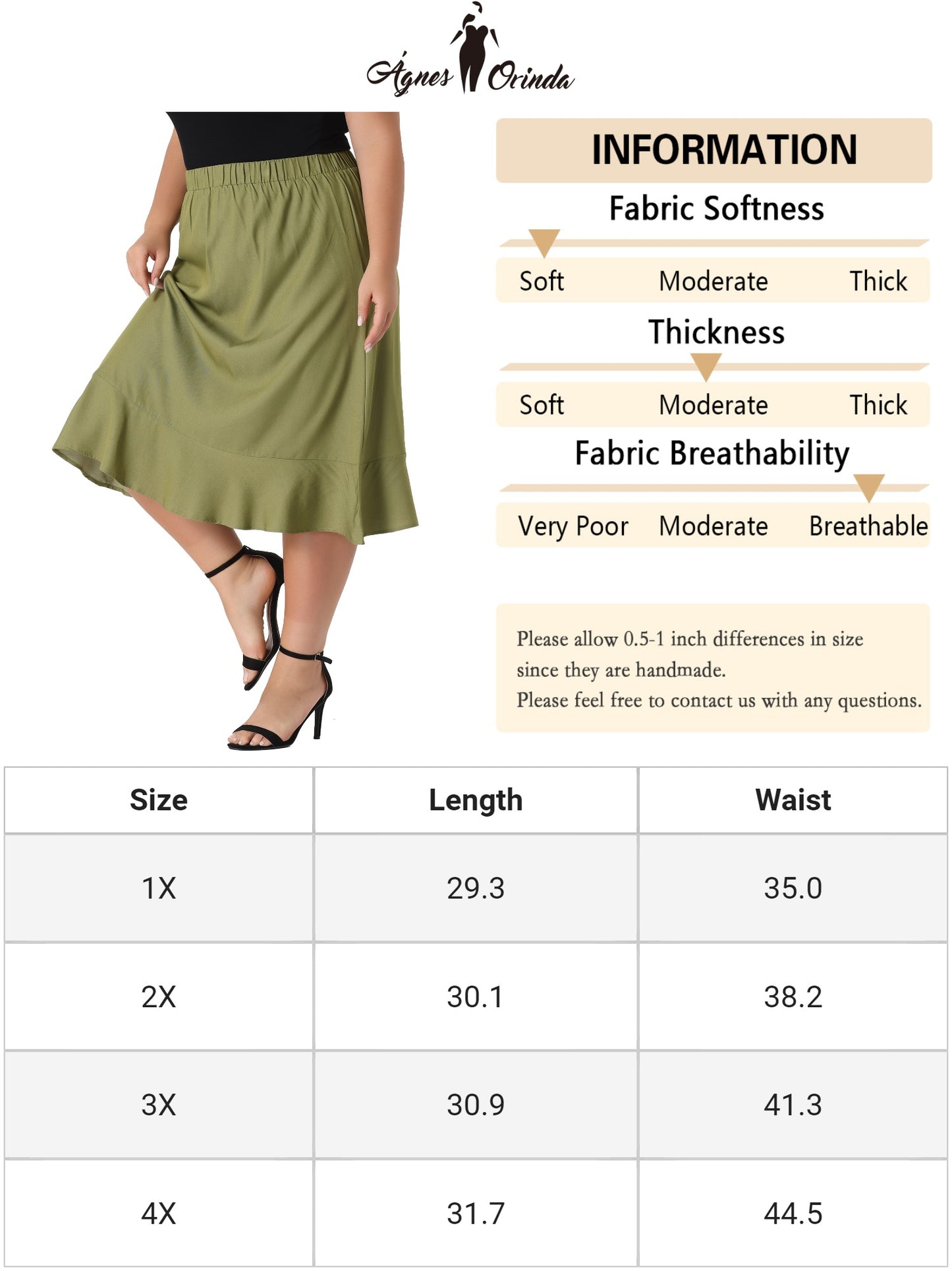 Women Plus Size Skirt Elastic Waist Ruffle Hem Chambray Midi Skirt