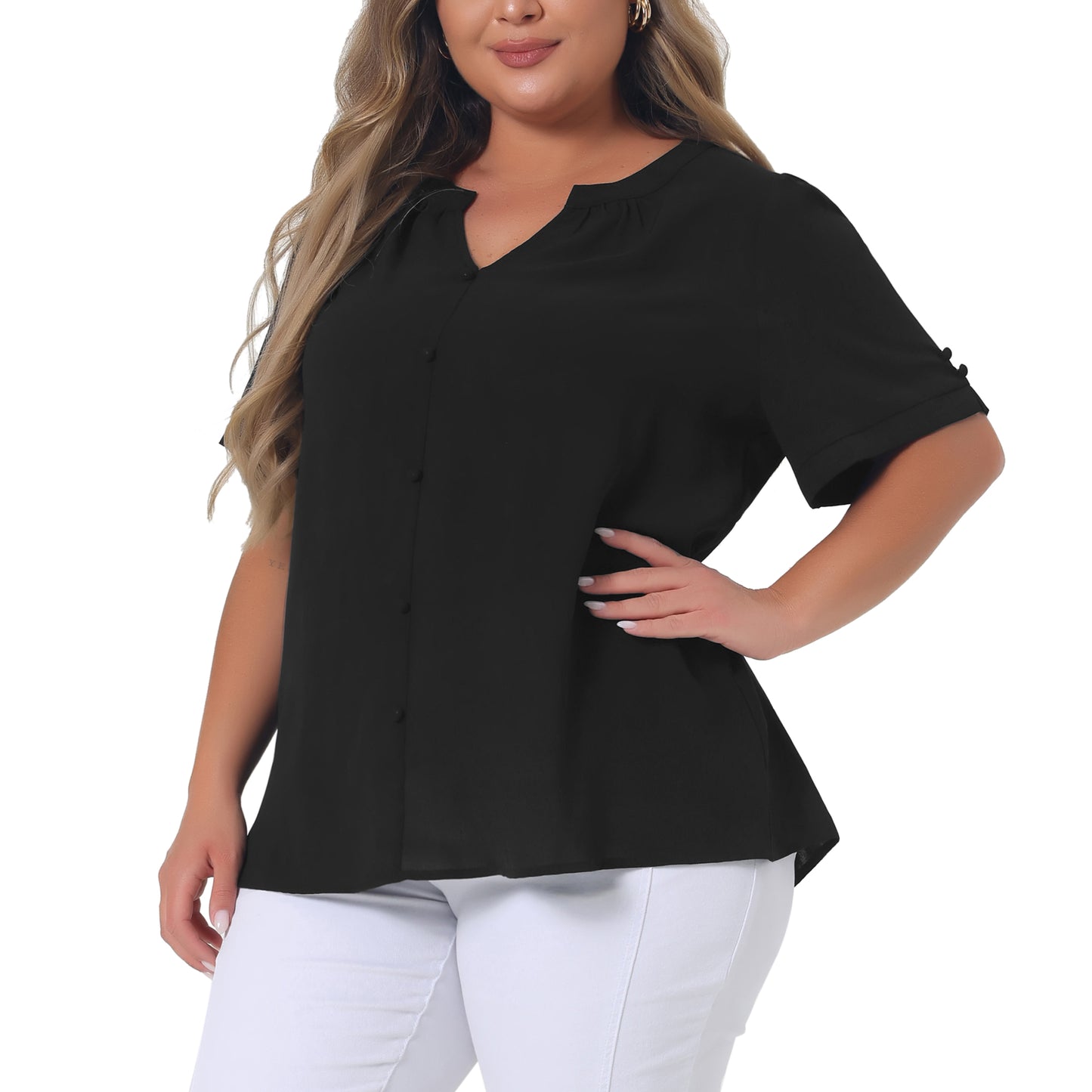 Women Plus Size Button Down Shirt Ruched V Neck Short Sleeve Office Top