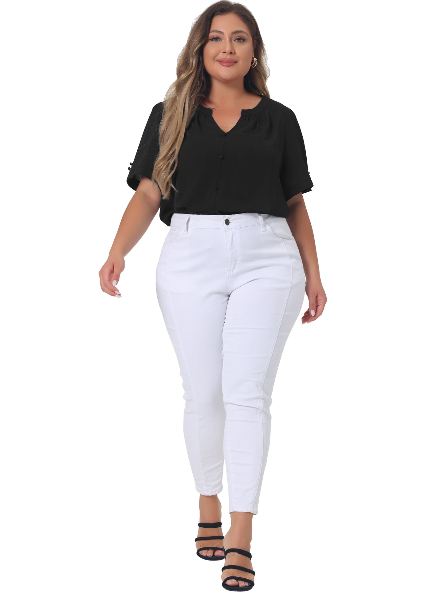 Women Plus Size Button Down Shirt Ruched V Neck Short Sleeve Office Top