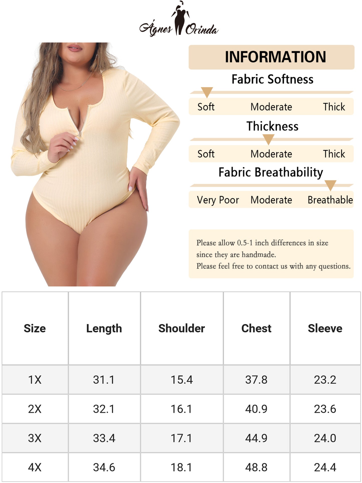 Body de talla grande para mujer, de punto acanalado, con cremallera, escote en V profundo, manga larga