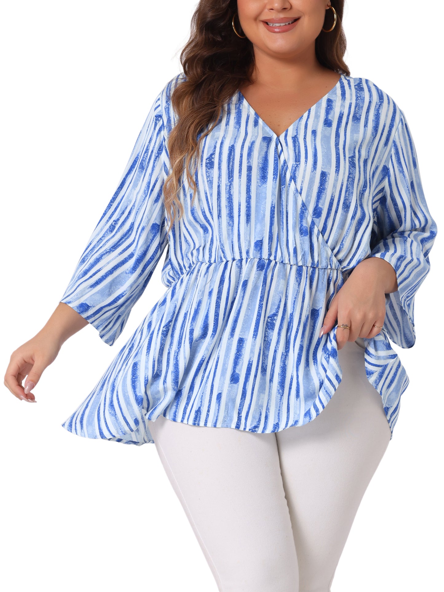Women Plus Size Top Boho Work V Neck Striped Peplum Blouse