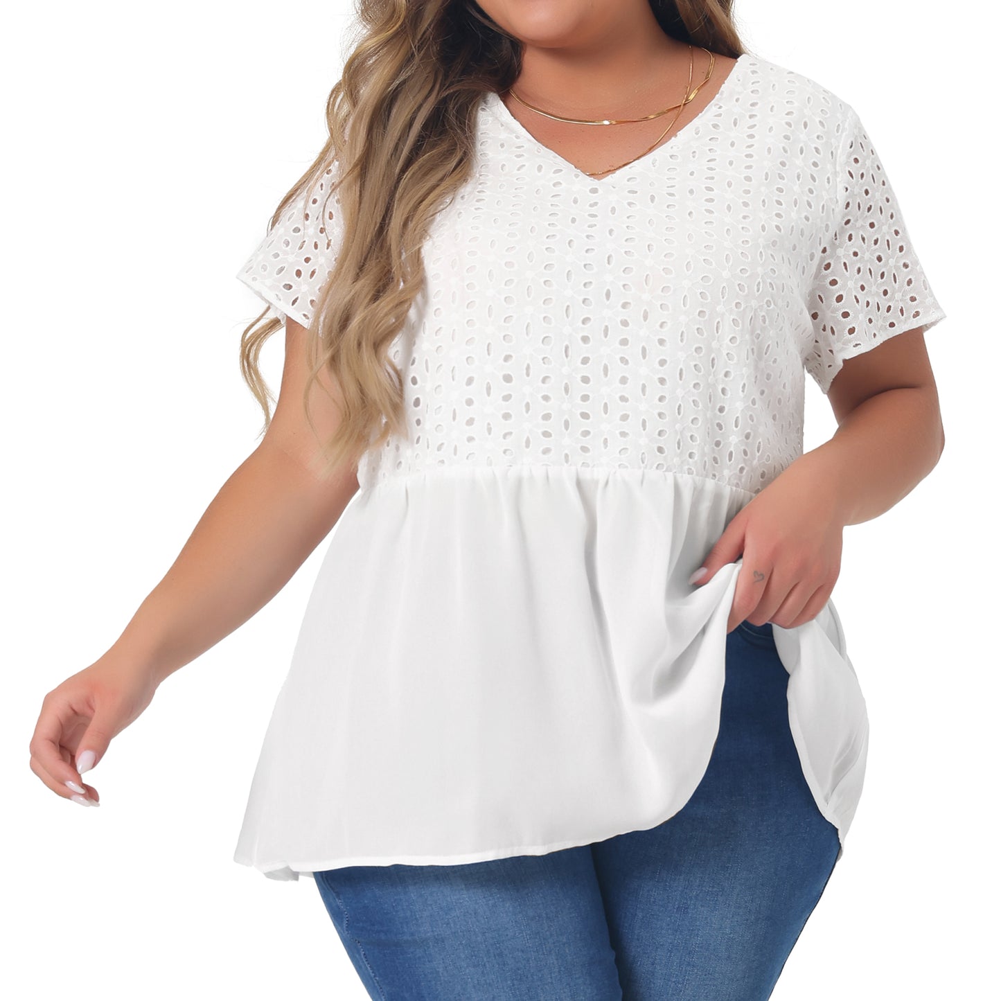 Women Plus Size Peplum BlouseSummer Short Sleeves V Neck Babydoll Top