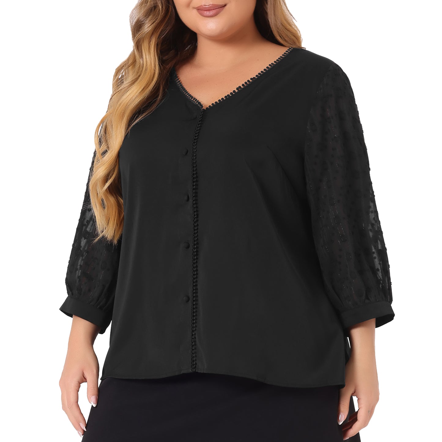 Women's Plus Size Top V Neck Sheer Lace Panel 3/4 Sleeve Button Up Lace Shirt